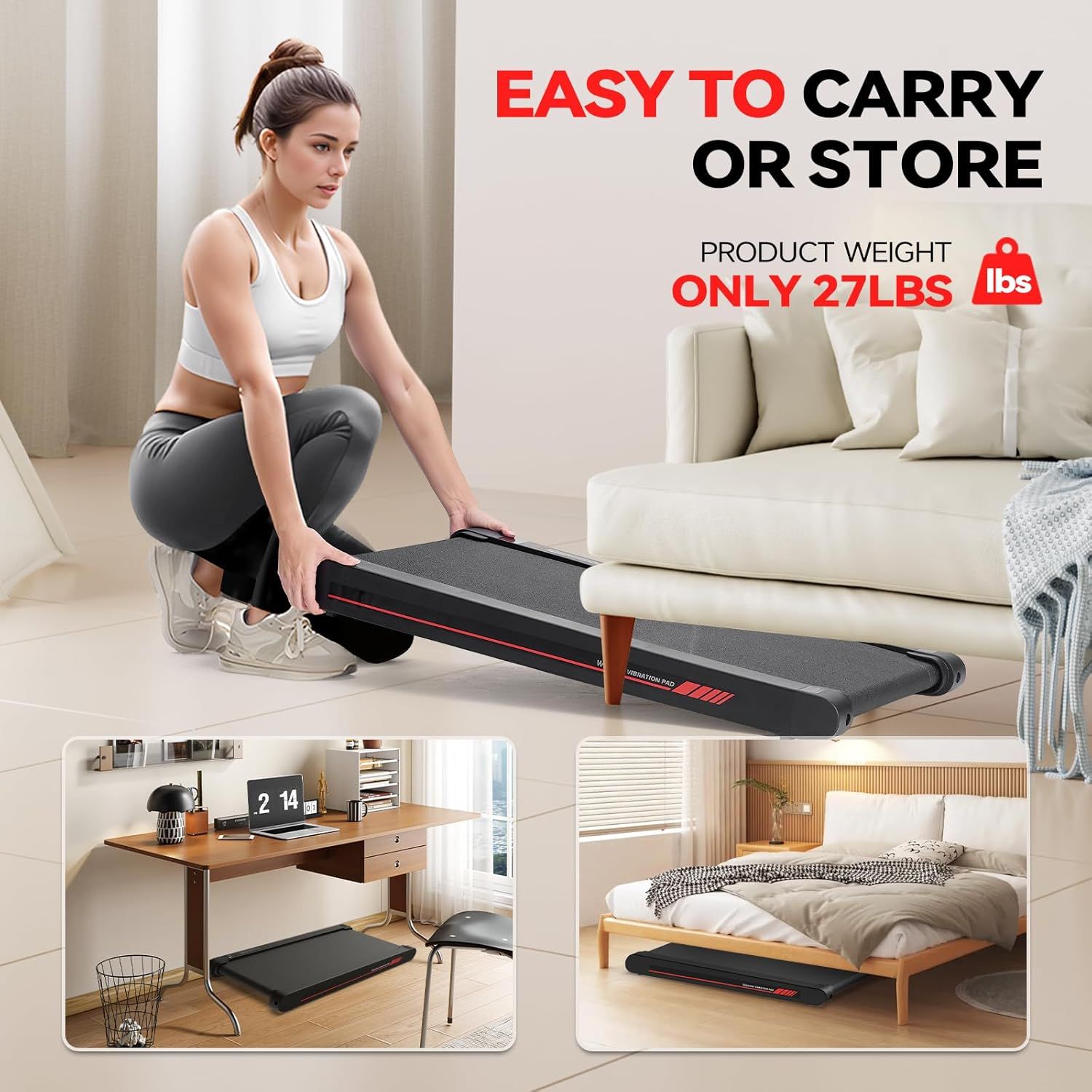 Demonstrates the treadmill can be used in multiple environments (living room, home office, bedroom) and easily stored in different spaces, emphasizing its versatility and space-saving convenience.…