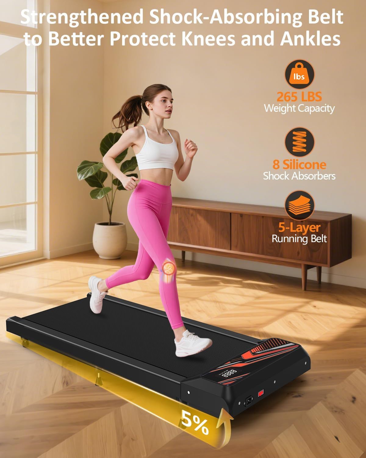 Communicates multiple technical features and benefits of the treadmill in a segmented layout, emphasizing safety, durability, and joint protection to reassure shoppers about the product's quality…