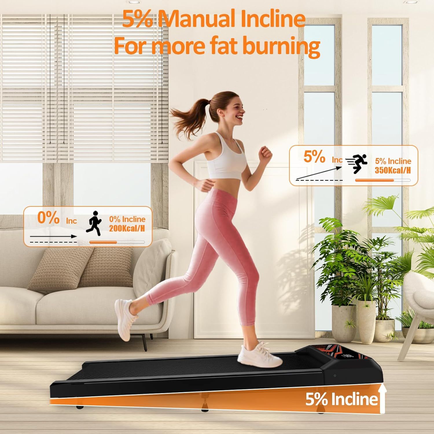 Demonstrates the superior fat-burning capability of the 5% incline setting (350 kcal/H) compared to 0% incline (200 kcal/H), showing shoppers the enhanced workout effectiveness of the manual incline…