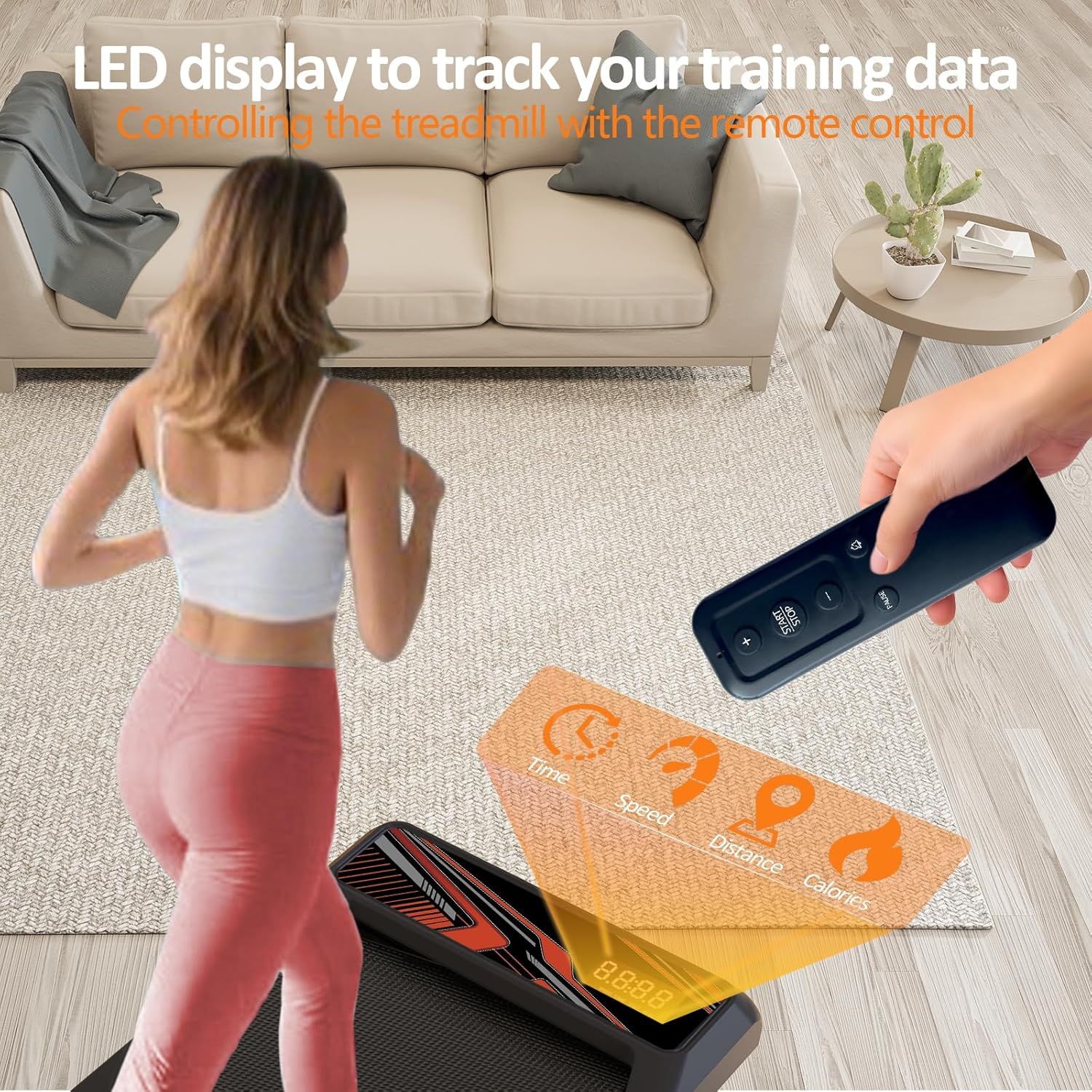 Communicates multiple key features of the treadmill including the LED display for tracking workout metrics and the convenience of remote control operation.