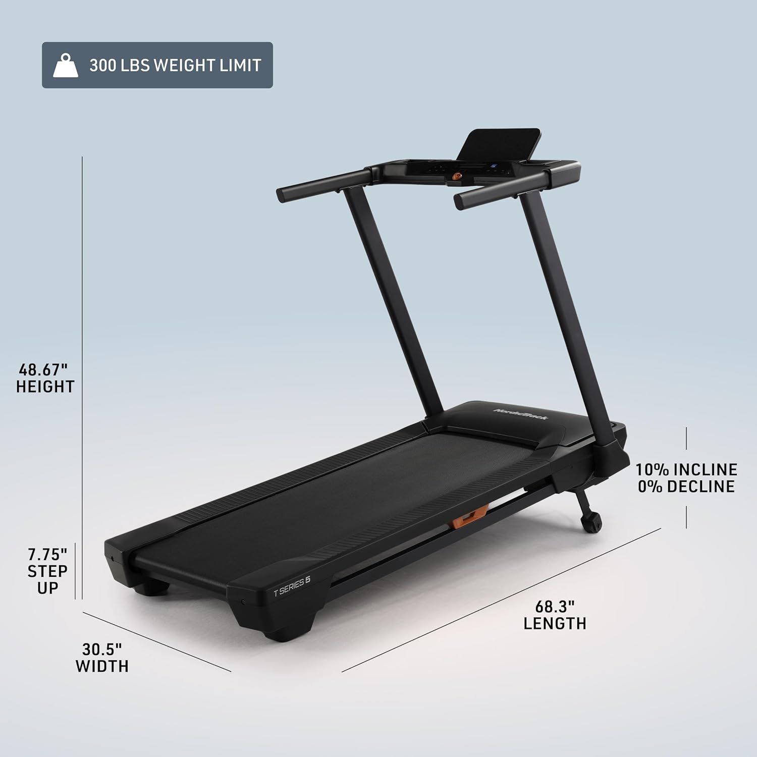 Communicates the exact physical dimensions of the treadmill (height, width, length, step-up height) and its 300 lbs weight capacity, helping shoppers assess whether it fits their space and needs.…