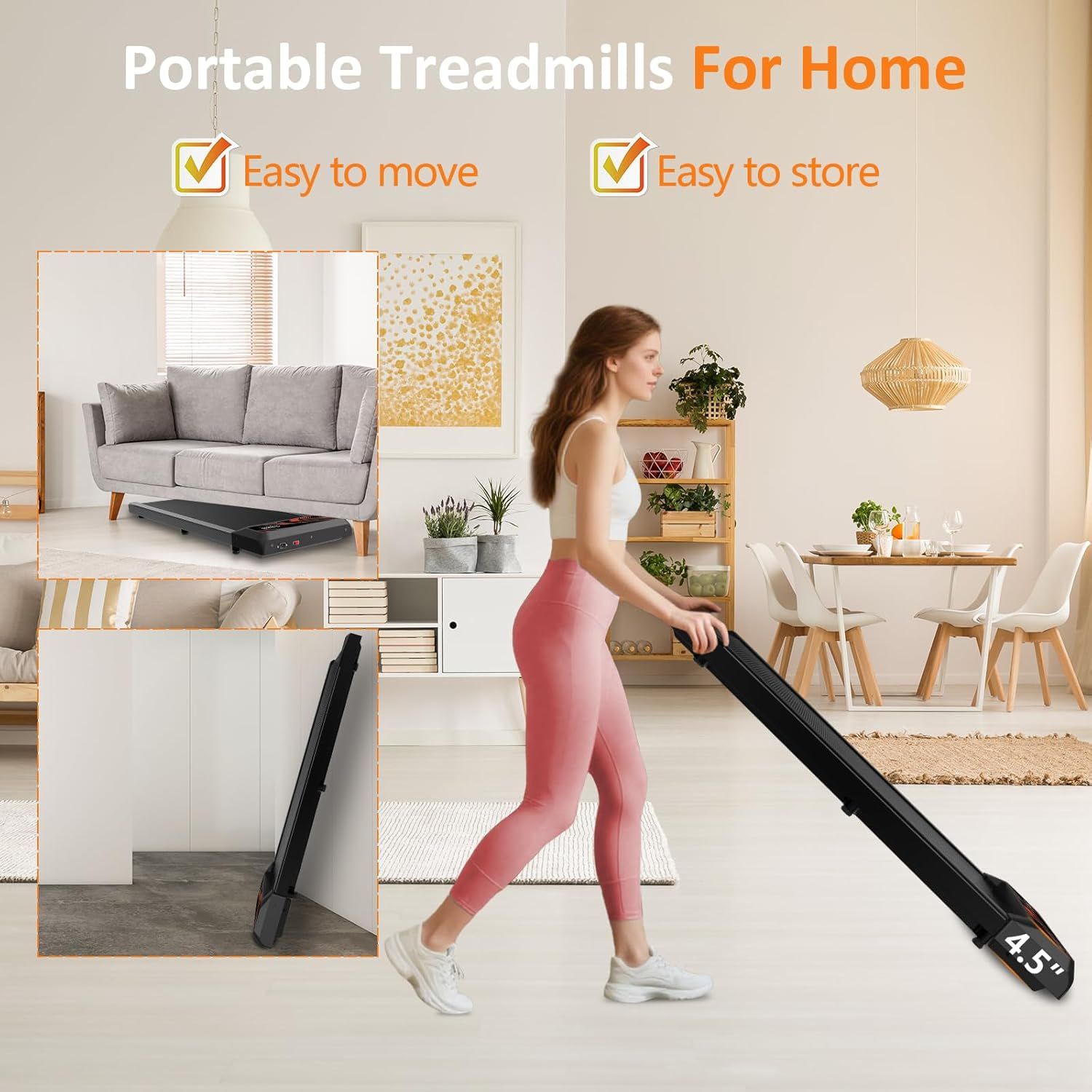 Demonstrates the treadmill's space-saving portability by showing it can be easily moved and stored in a home environment, addressing common concerns about fitness equipment taking up too much space.