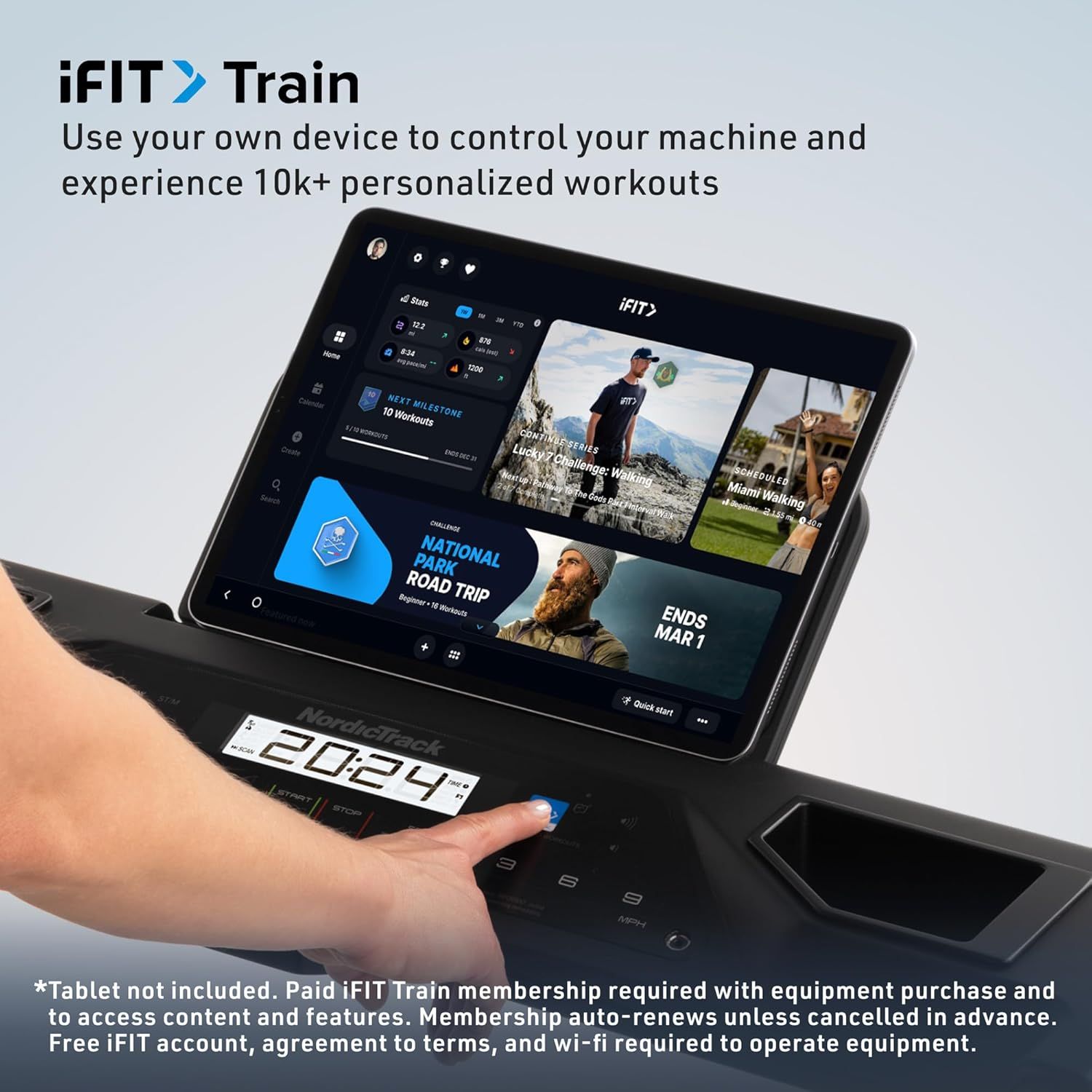 Highlights the extensive library of 10,000+ personalized workouts available through the iFIT Train platform to demonstrate the product's value and content variety. Communicates the key benefit of…