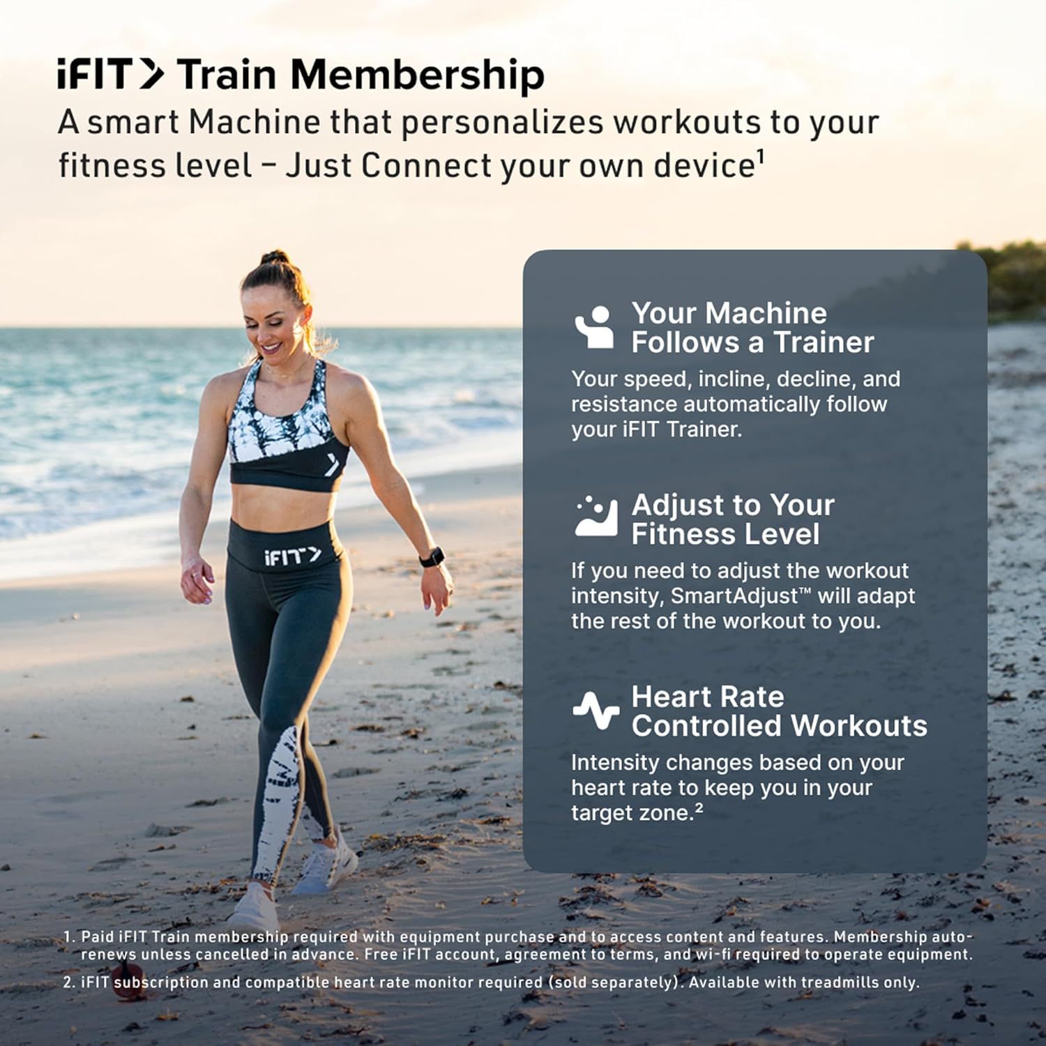 Communicates the three key benefits of the iFIT Train Membership: machine follows trainer automatically, adapts to user fitness level, and adjusts intensity based on heart rate monitoring.