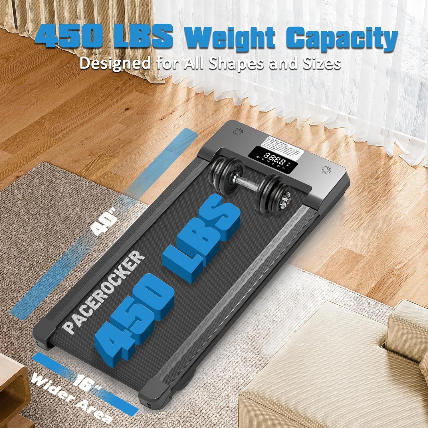 Communicates the treadmill's high weight capacity to reassure shoppers that it can accommodate users of all shapes and sizes safely and reliably. Shows the treadmill in a real home setting to help…