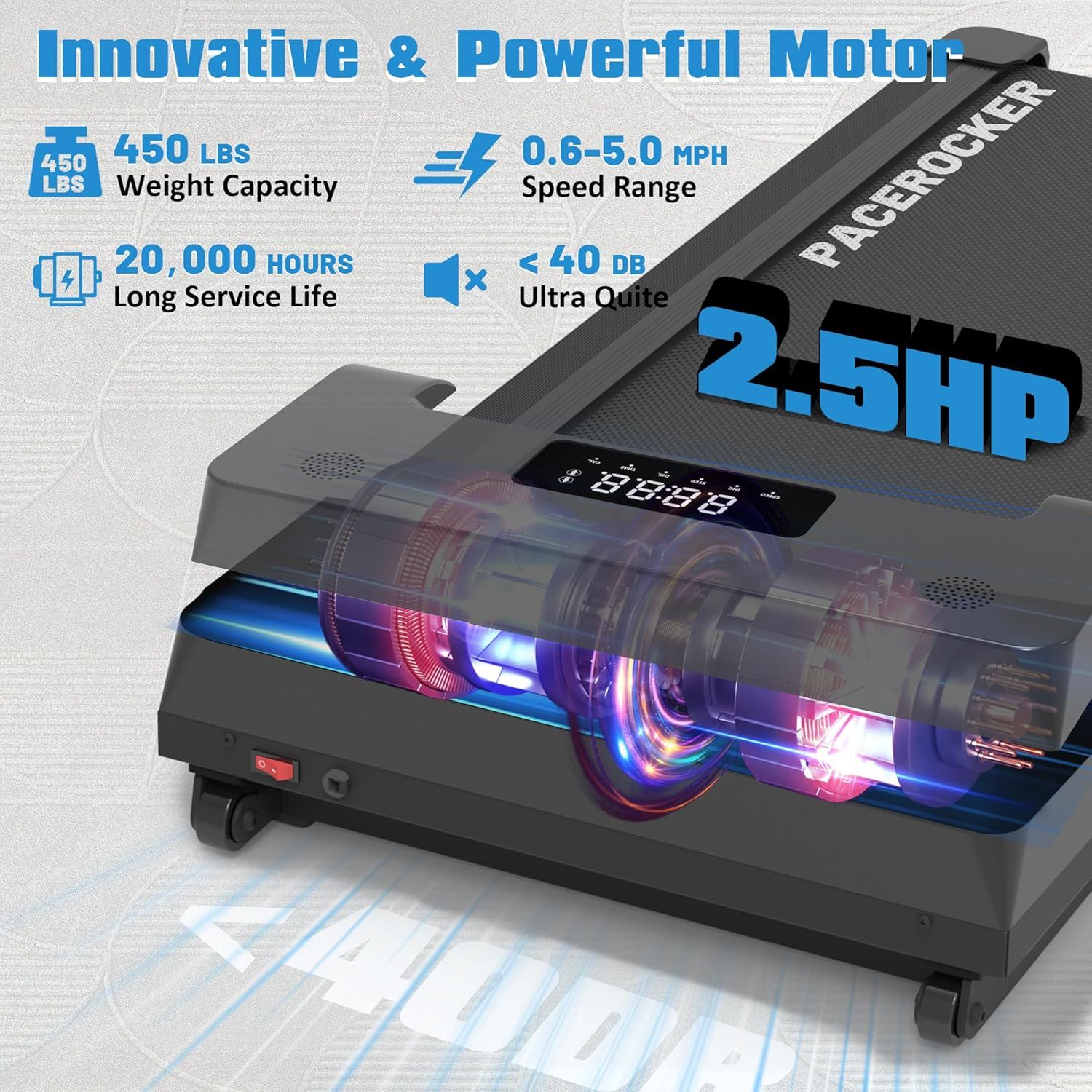 Communicates multiple key performance specifications and benefits of the treadmill motor to reassure shoppers of its power, durability, capacity, and quiet operation.