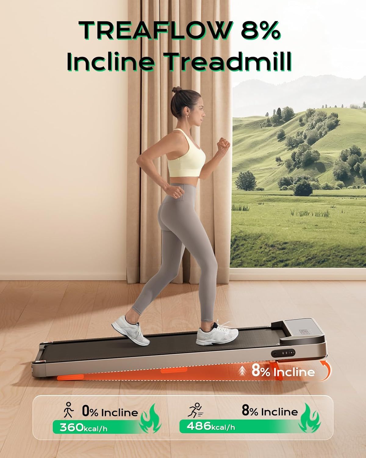 Communicates the treadmill's 8% incline capability and demonstrates the significant calorie burn difference (360 vs 486 kcal/h) to show performance and fitness effectiveness. Highlights the 8%…