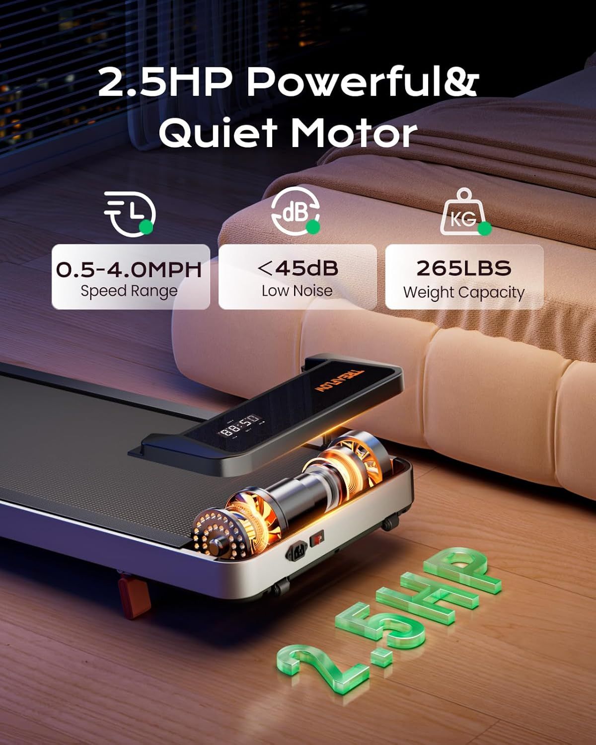 Communicates multiple key specifications of the treadmill motor in a segmented layout to reassure shoppers about performance, quietness, and capacity.
