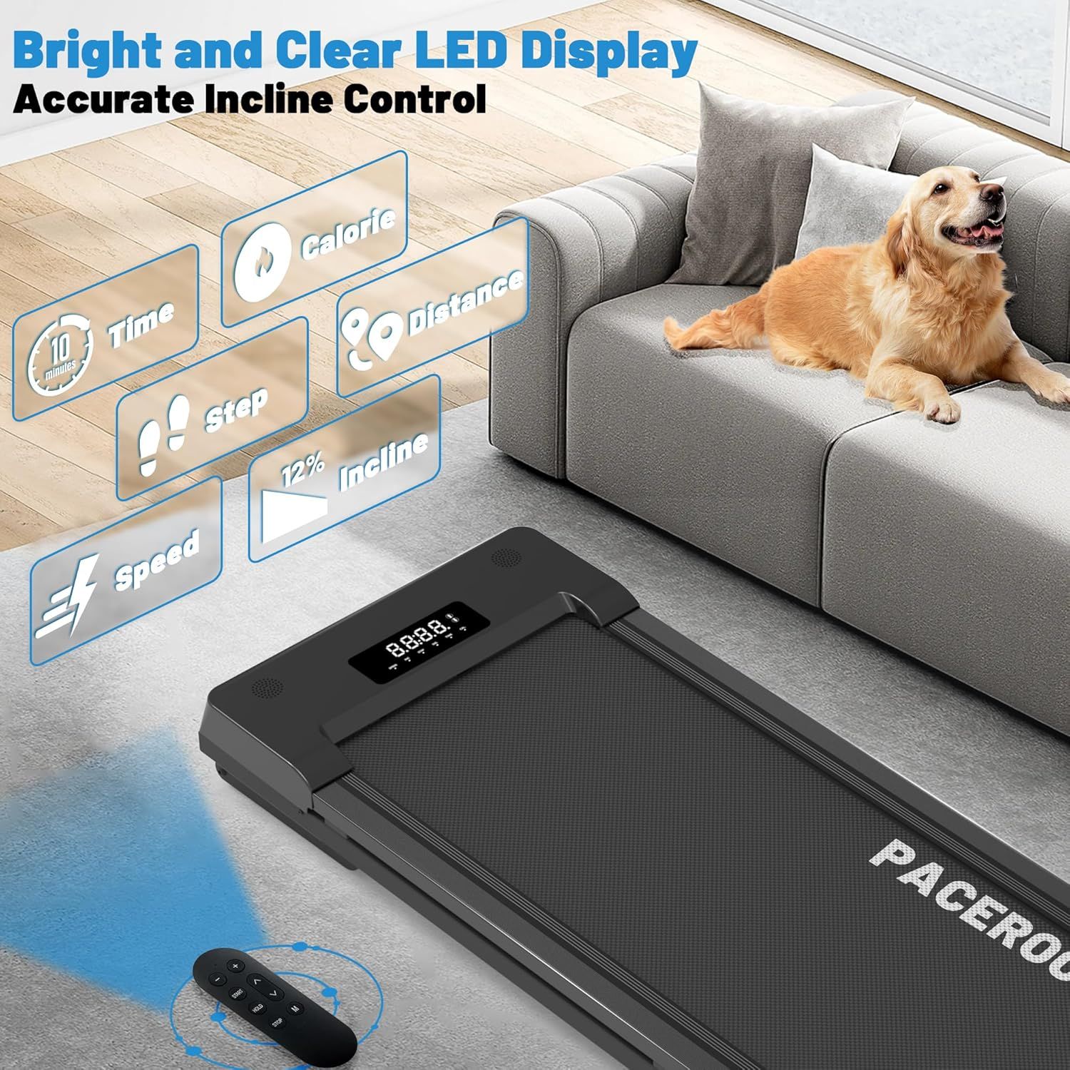 Demonstrates the treadmill's comprehensive LED display and tracking capabilities across multiple fitness metrics, reassuring shoppers that they can monitor and control their workout with precision.