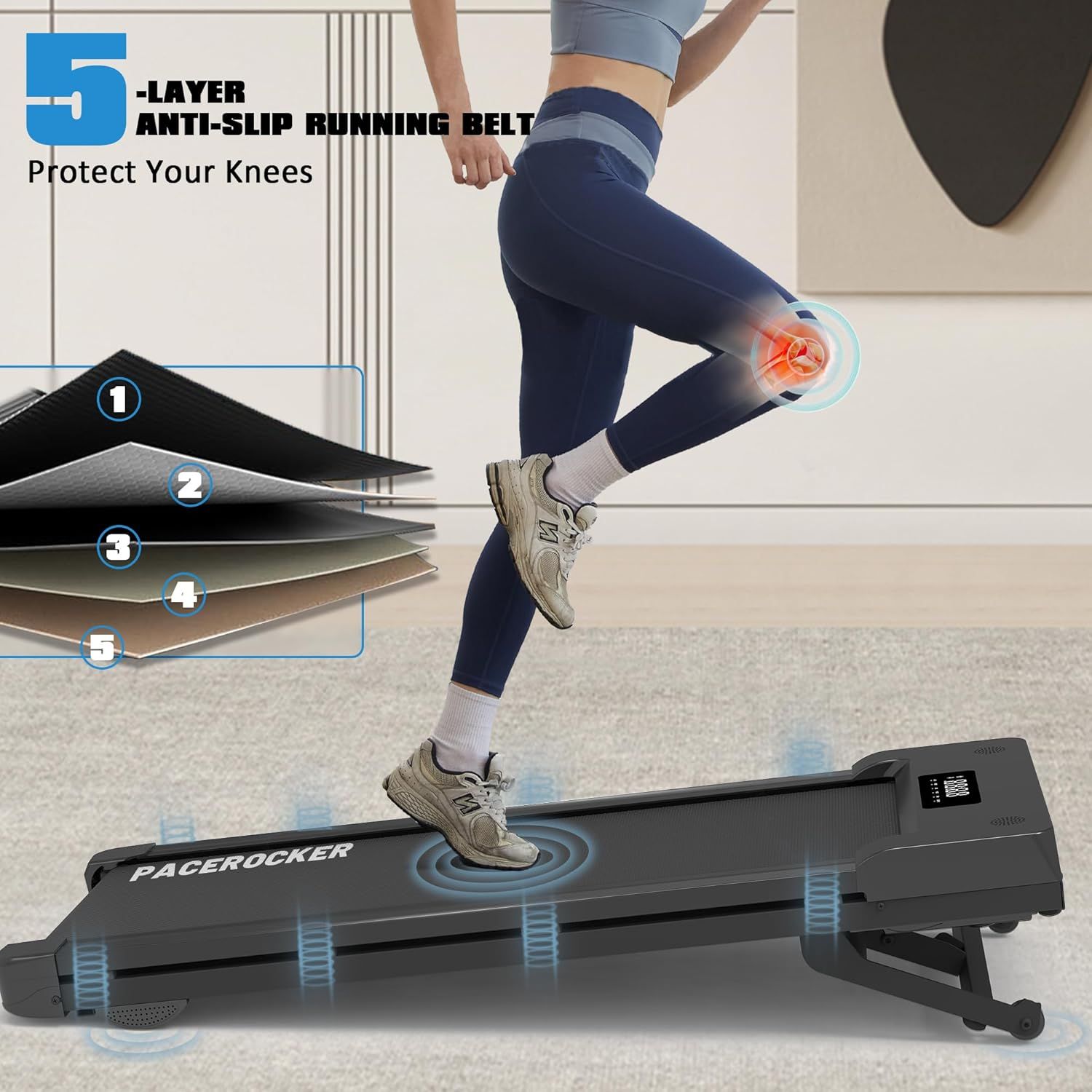 Demonstrates the multi-layer construction of the running belt to reassure shoppers about the product's quality engineering and knee protection features. Highlights the primary benefit of protecting…