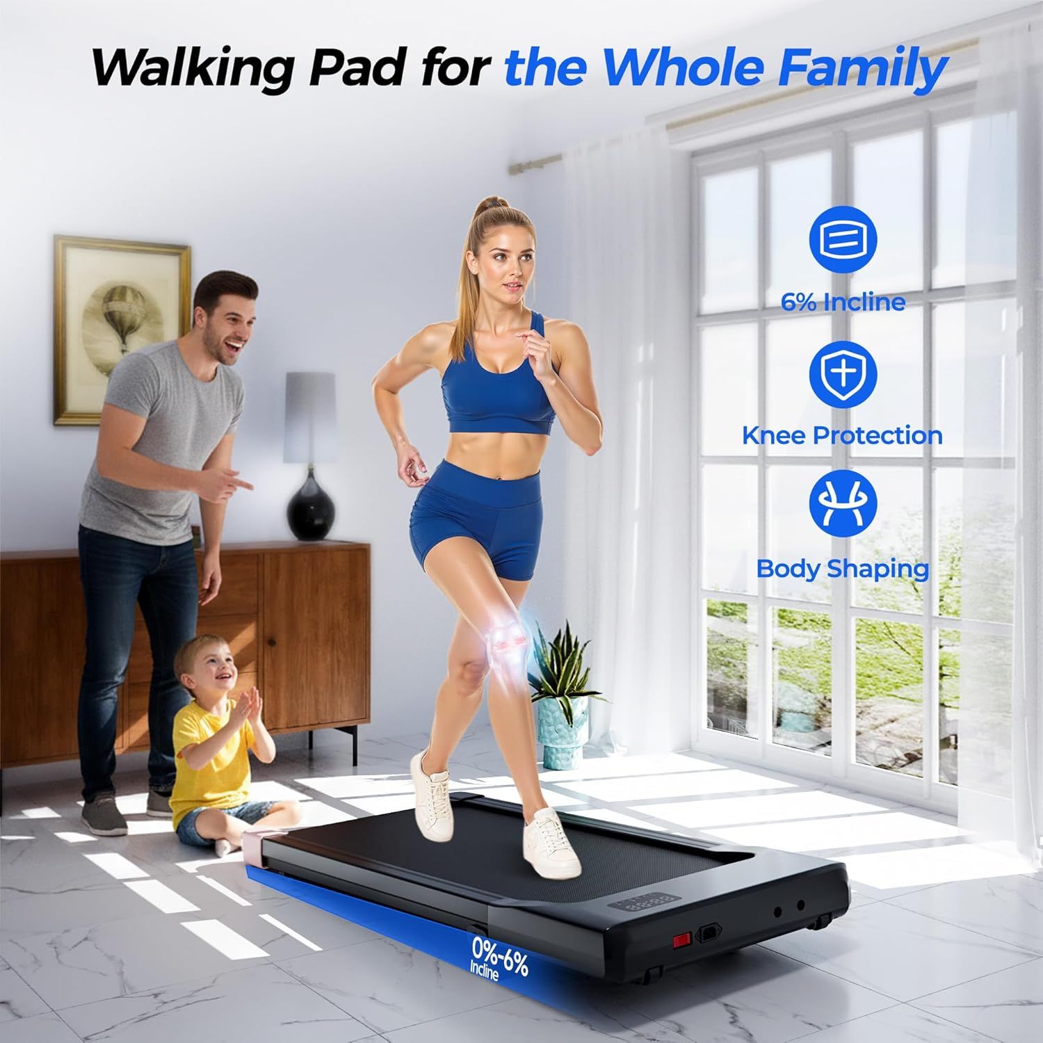 Communicates multiple distinct benefits of the walking pad in a segmented layout with icons and callouts, showing shoppers the product's versatility for family fitness with specific health and…