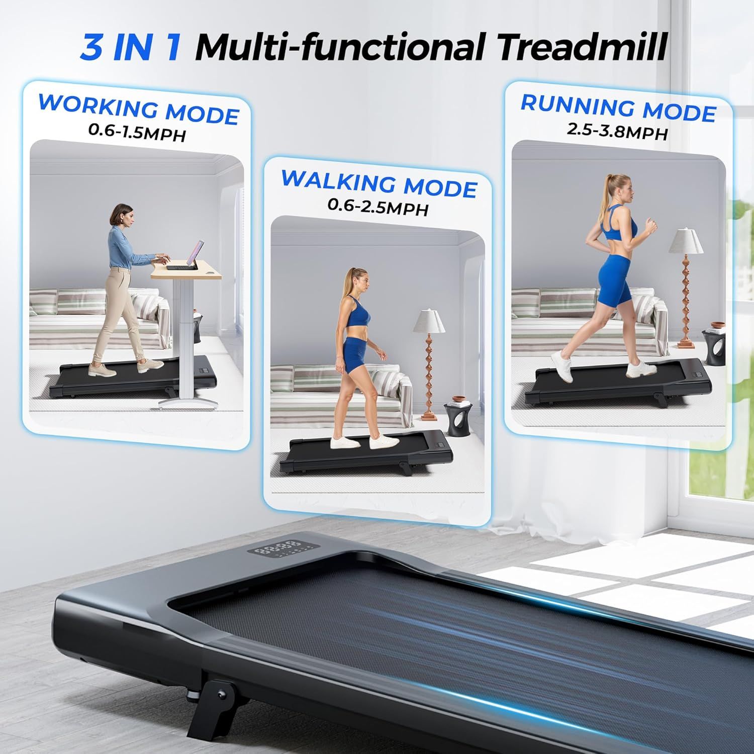 Demonstrates the three distinct use cases of the treadmill (working while walking, casual walking, and running) to show its versatility and multi-functional capability for different fitness and…
