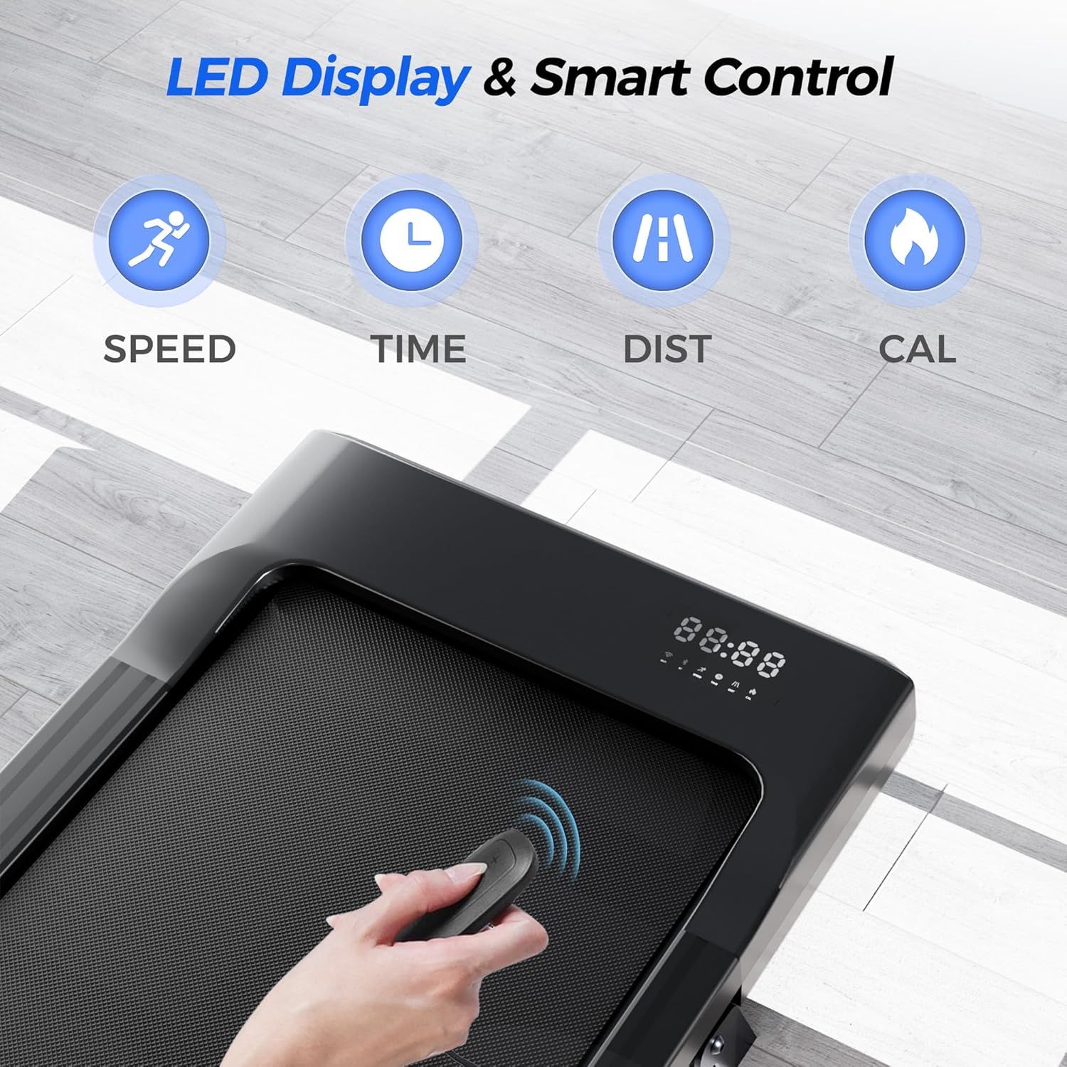 Communicates the product's smart control capabilities and LED display that tracks multiple workout metrics (speed, time, distance, calories) to reassure shoppers of its advanced monitoring features.