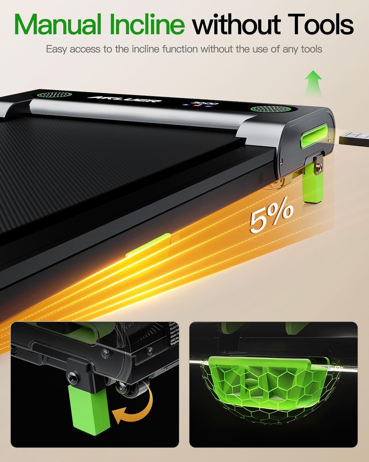 Demonstrates how the treadmill's manual incline feature works without requiring tools, showing the simple mechanism and 5% incline capability to reassure shoppers of ease of use. Highlights the…