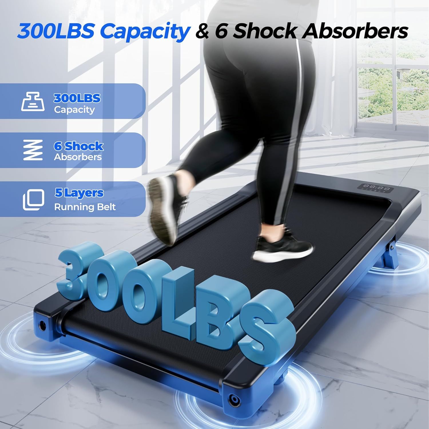 Communicates multiple key technical specifications and durability features of the treadmill to reassure shoppers about its weight capacity, shock absorption system, and belt quality.