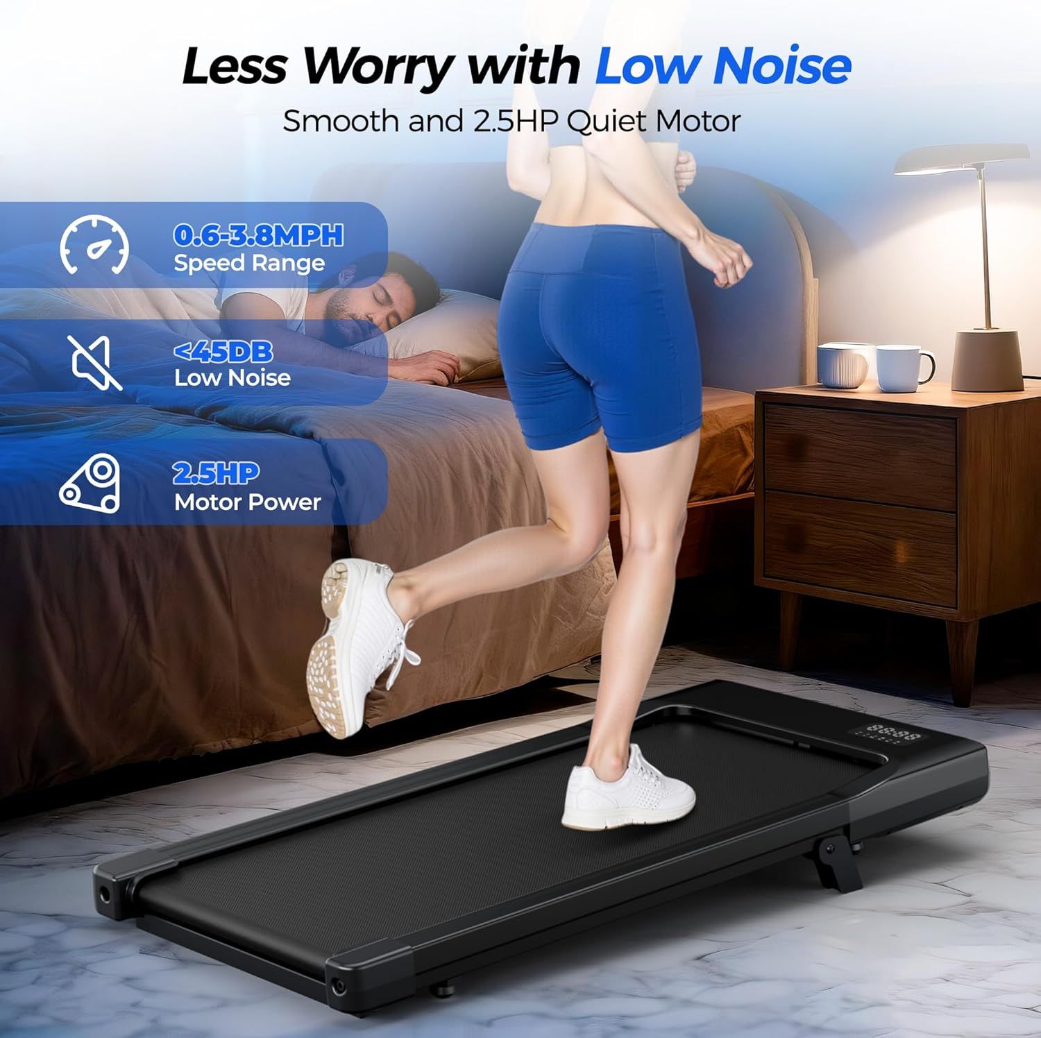 Communicates multiple key benefits of the treadmill—quiet operation for home use, variable speed capability, and powerful motor—to reassure shoppers it's suitable for home fitness without disturbing…