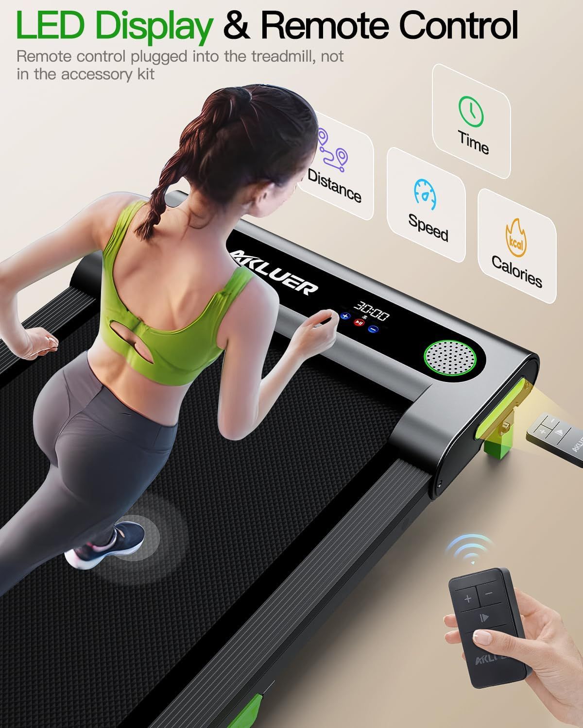 Communicates the treadmill's multiple tracking capabilities and remote control convenience, showing shoppers the comprehensive monitoring features available through the LED display and wireless…
