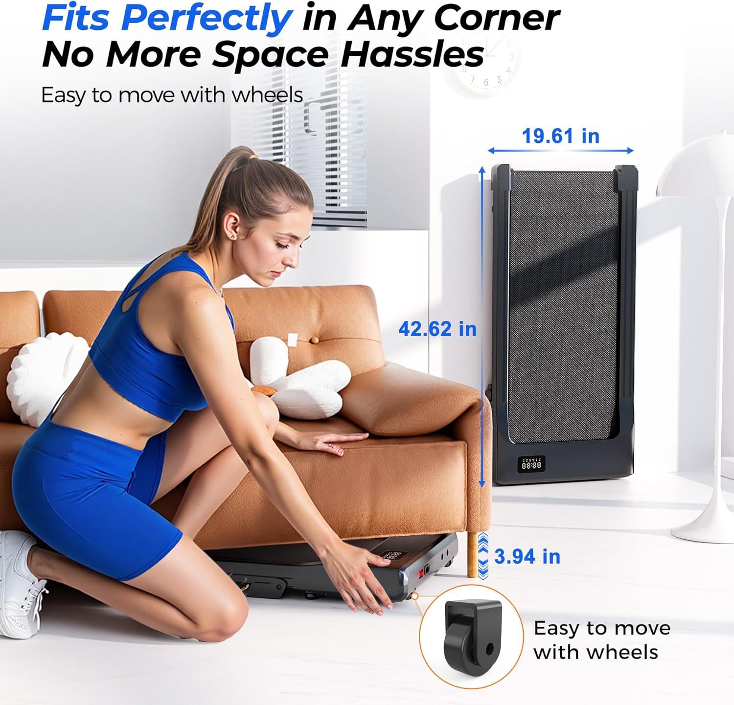 Communicates the exact physical dimensions of the product (19.61 x 42.62 x 3.94 inches) to reassure shoppers it will fit in tight spaces and corners without taking up much room. Highlights the…