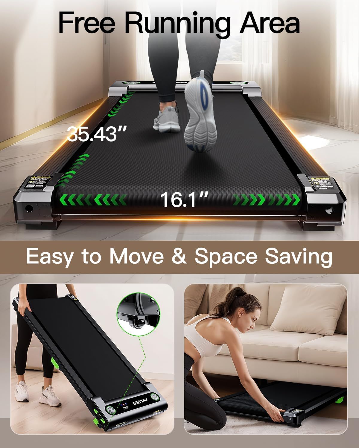 Communicates the exact dimensions of the treadmill's running area (35.43" x 16.1") to help shoppers understand the usable space and ensure it fits their stride and workout needs. Highlights the…