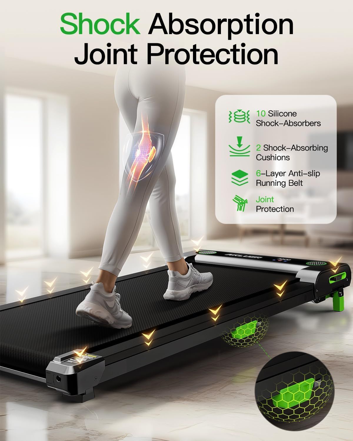 Communicates multiple protective and safety features of the treadmill, emphasizing joint protection and shock absorption technology to reassure shoppers about safe, comfortable exercise.