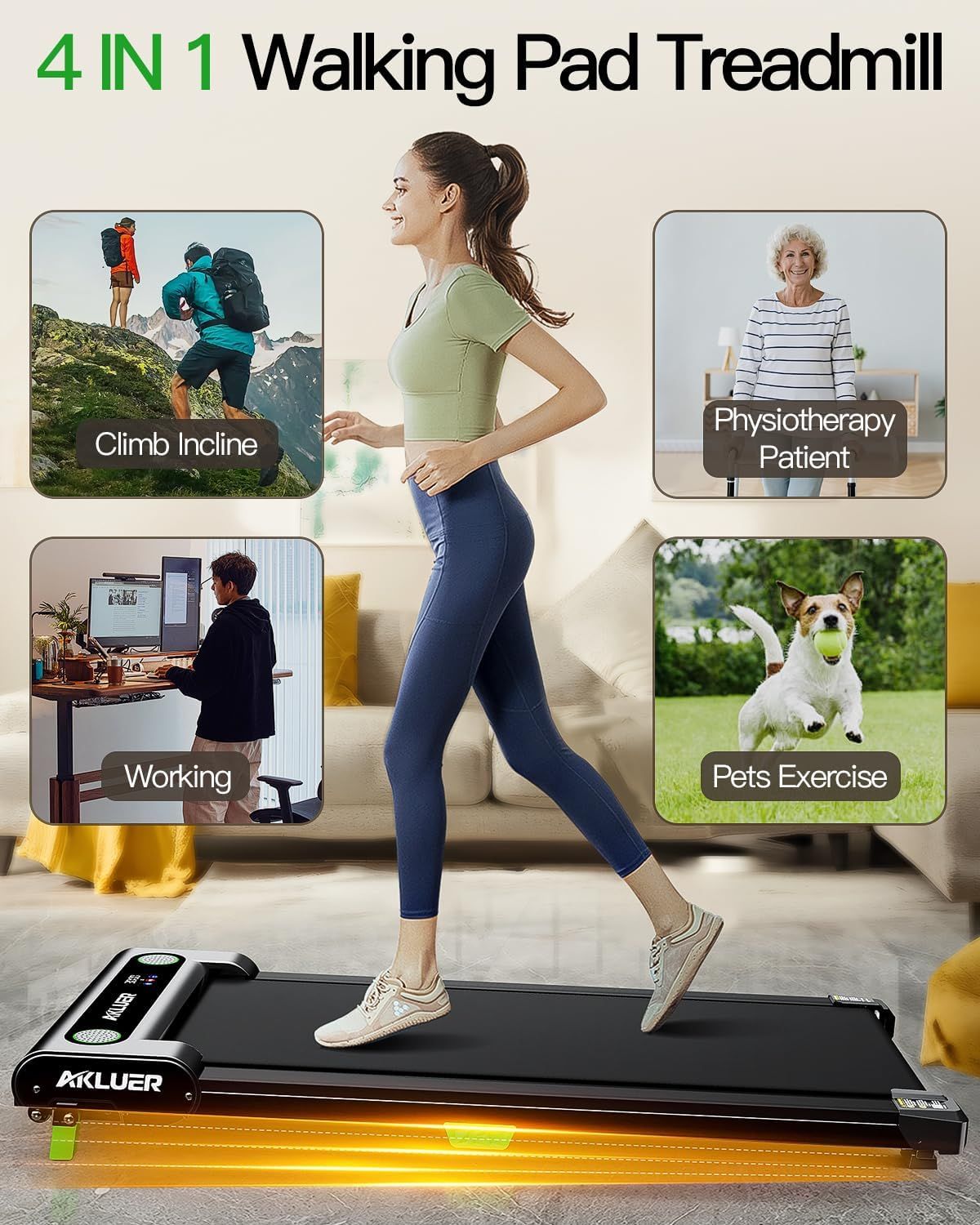Demonstrates the versatility of the walking pad treadmill by showing four distinct use scenarios, reassuring shoppers that the product fits multiple lifestyles and needs.