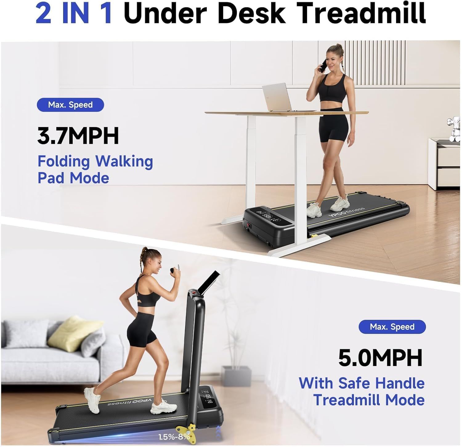 Demonstrates the product's versatility by showing two distinct use cases: a folding walking pad mode for under-desk use at 3.7MPH and a full treadmill mode with handle for running at 5.0MPH.