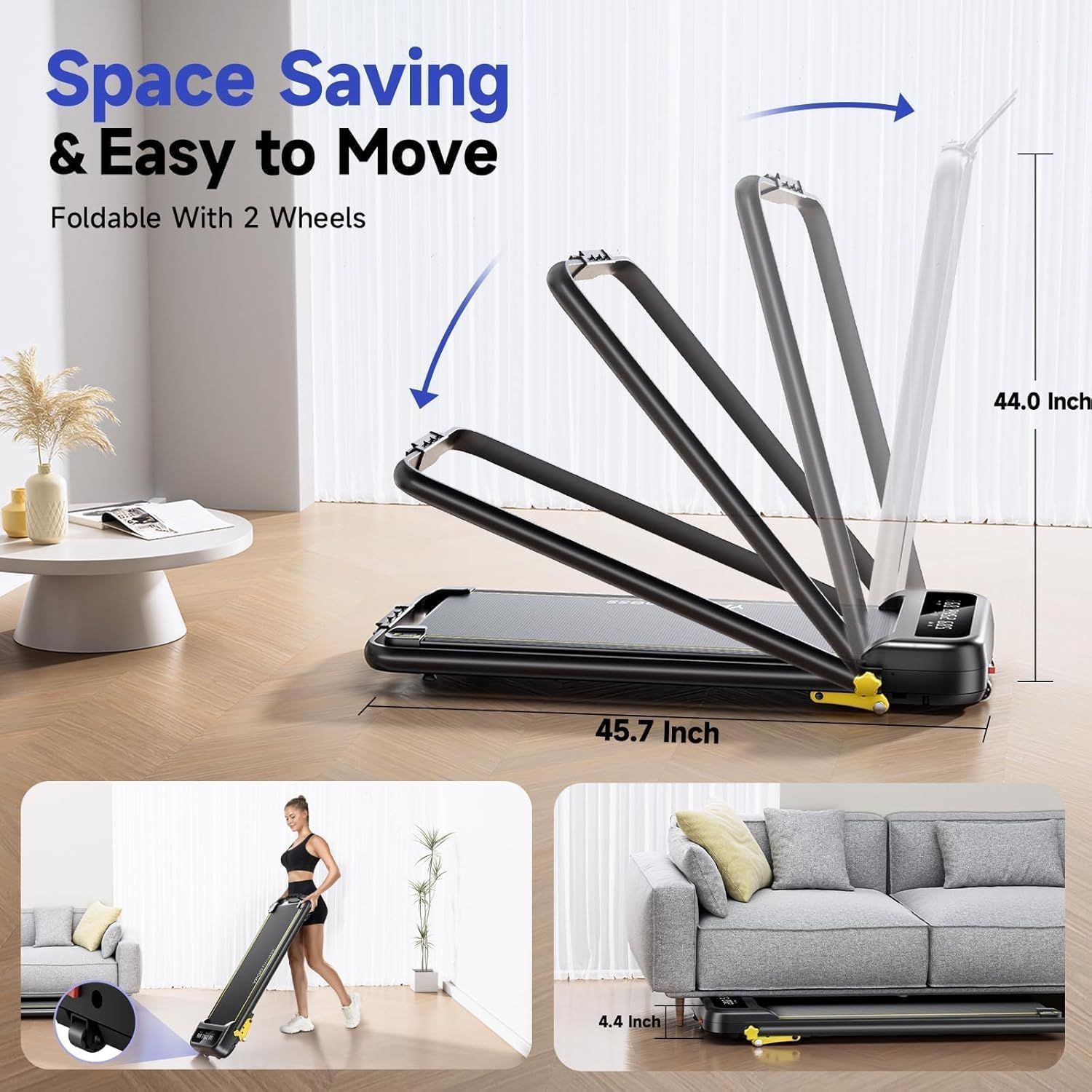 Demonstrates the treadmill's space-saving foldable design with exact dimensions (45.7 x 44.0 x 4.4 inches) and portability features to reassure shoppers it fits in small spaces and is easy to store.…