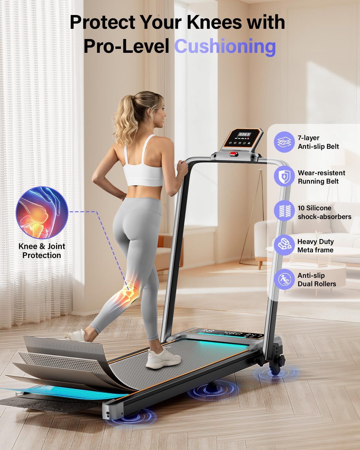 Communicates multiple distinct product features and benefits in a segmented layout with callouts, emphasizing the treadmill's cushioning technology and structural components to reassure shoppers of…