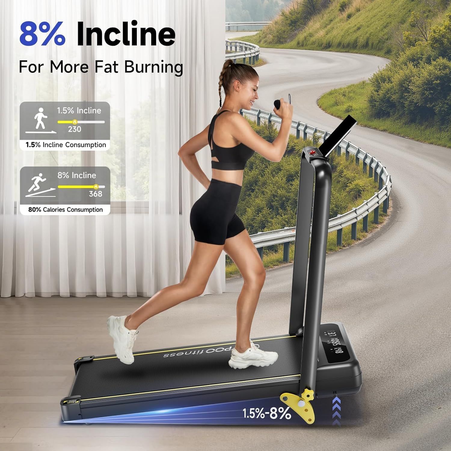 Communicates the treadmill's 8% incline capability and its quantifiable impact on calorie burning (80% more calories) to demonstrate superior fat-burning performance and workout effectiveness.…