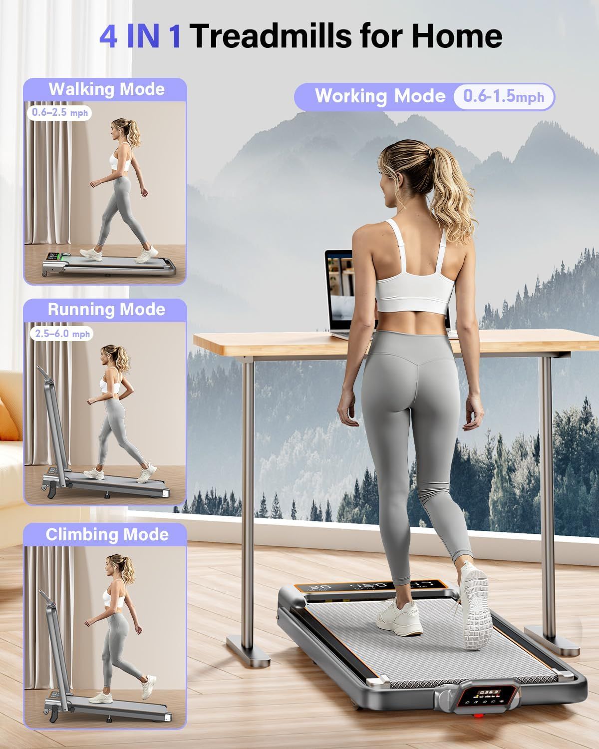 Demonstrates the treadmill's versatility by showing four distinct usage modes (walking, running, climbing, and working), reassuring shoppers that one product can serve multiple fitness and lifestyle…