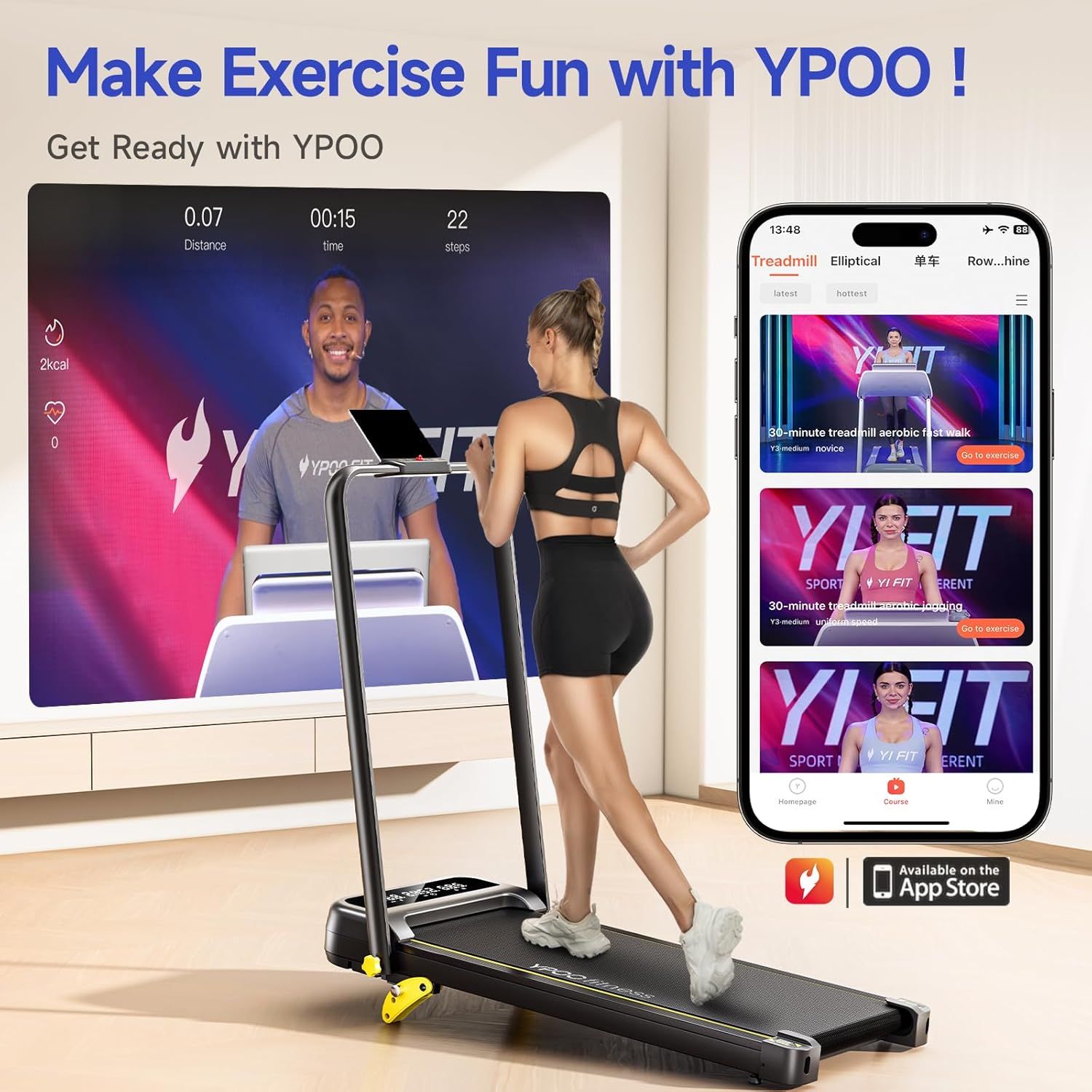 Demonstrates the product's integration with the YPOO fitness app, showing multiple workout options and use cases (treadmill exercises, aerobic jogging) to communicate versatility and connected…