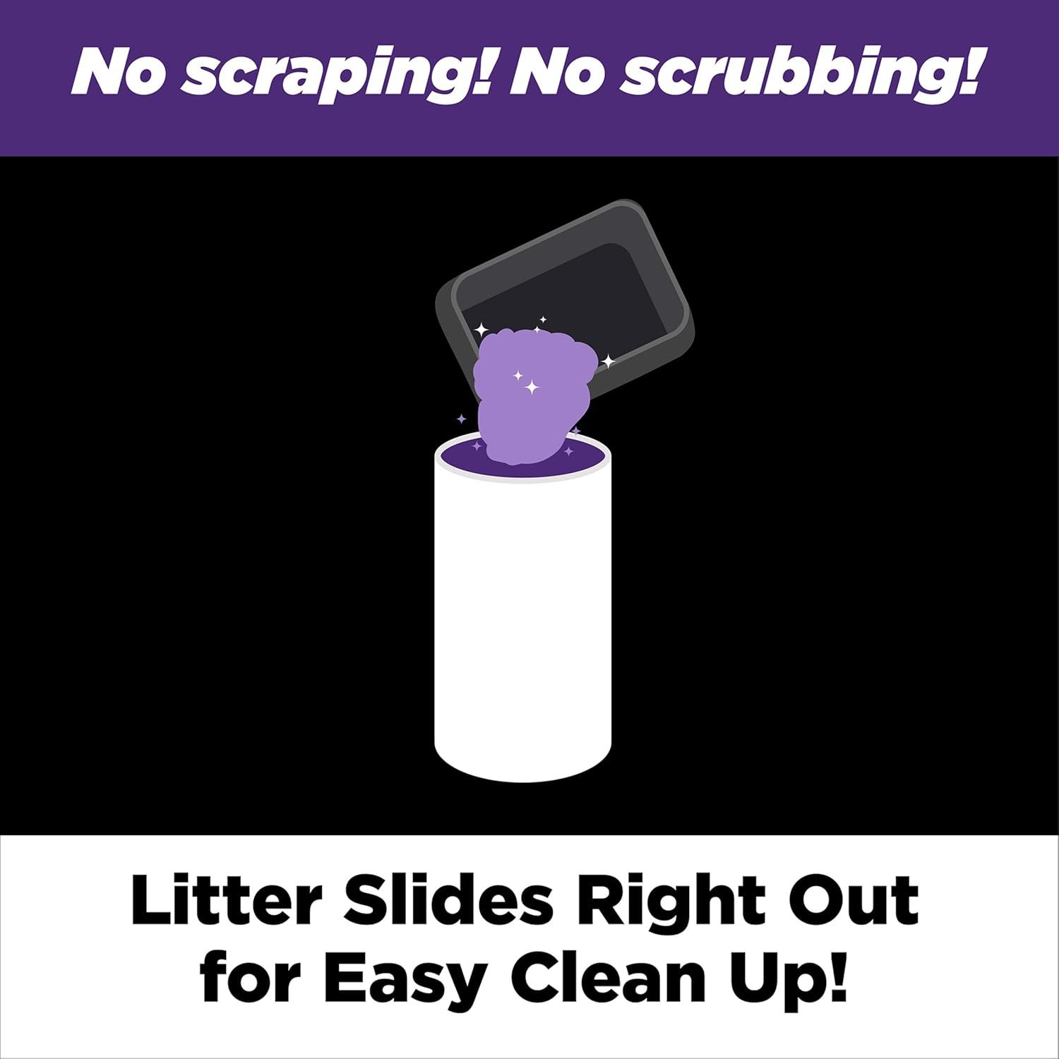 Demonstrates how the litter slides out of the container for easy cleanup, emphasizing the no-scraping, no-scrubbing convenience of the product. Highlights the product's easy cleanup benefit,…