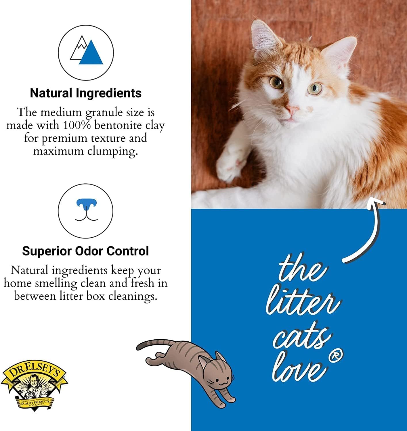 Communicates two distinct product benefits in a segmented layout: the natural bentonite clay composition for premium texture and clumping, and the odor control capability that keeps homes fresh…