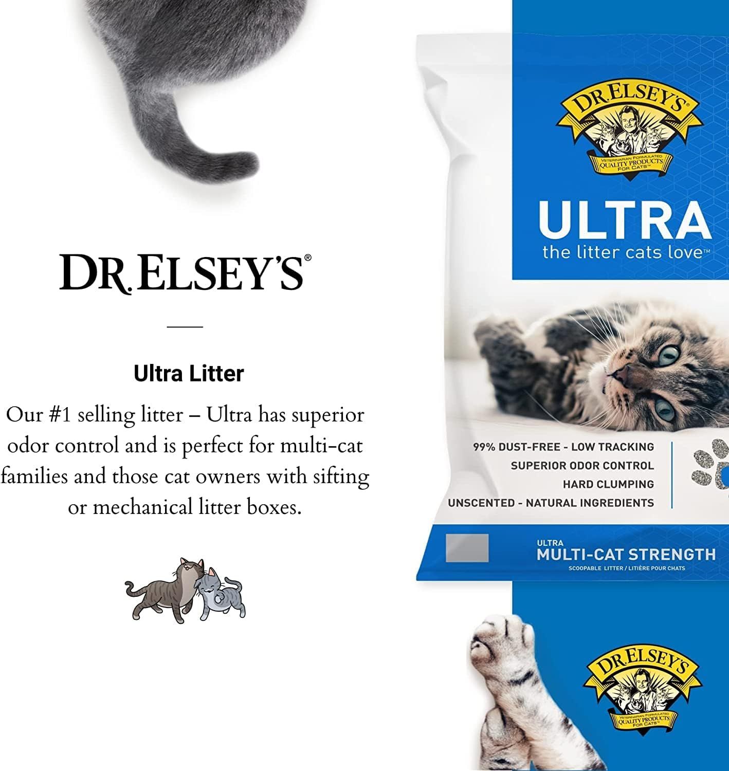 Communicates multiple key benefits of the Ultra Litter product in a segmented layout to show shoppers why it's the #1 selling litter and ideal for multi-cat households.