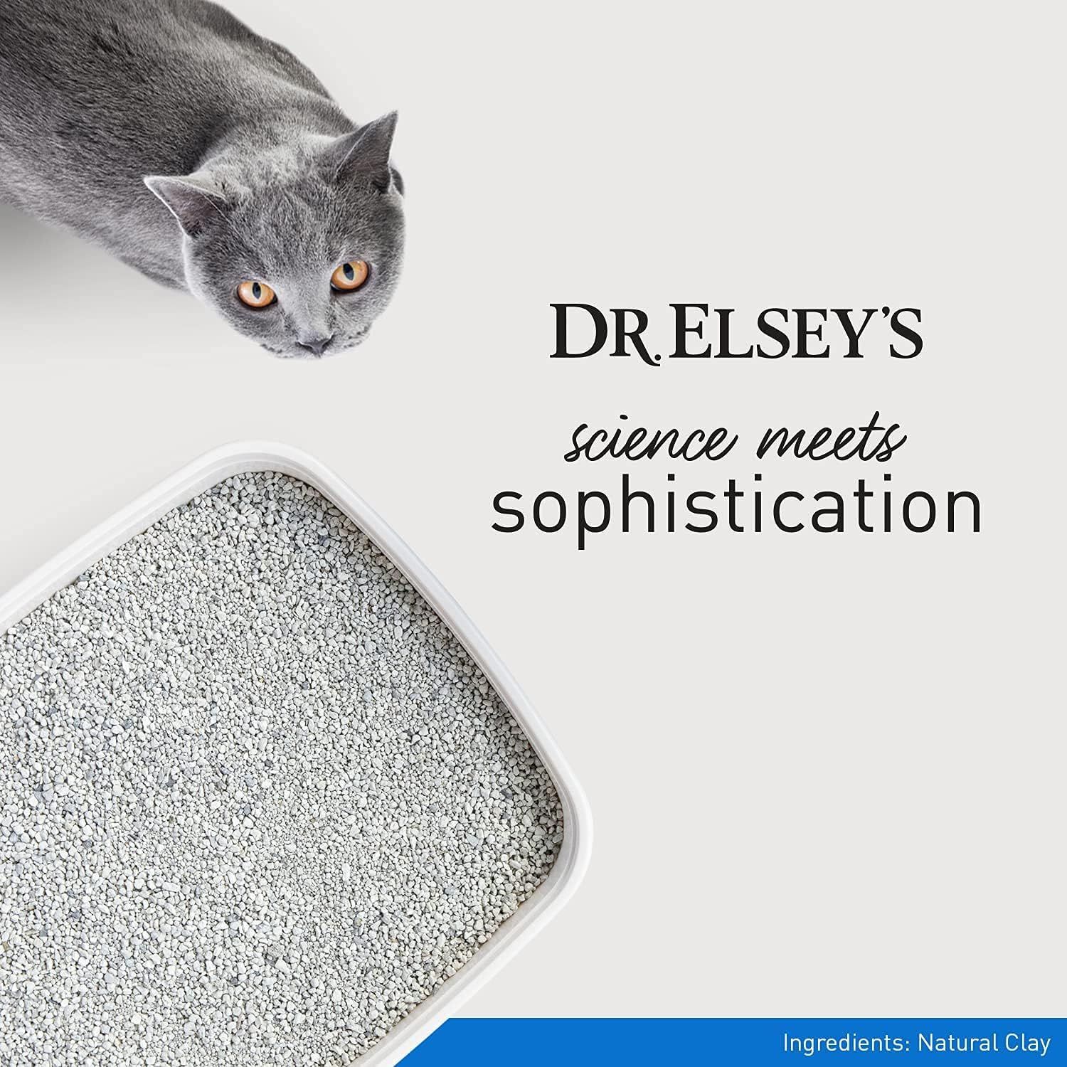 Communicates the brand's identity and positioning through its tagline 'science meets sophistication,' establishing Dr. Elsey's as a premium, scientifically-backed cat litter brand.