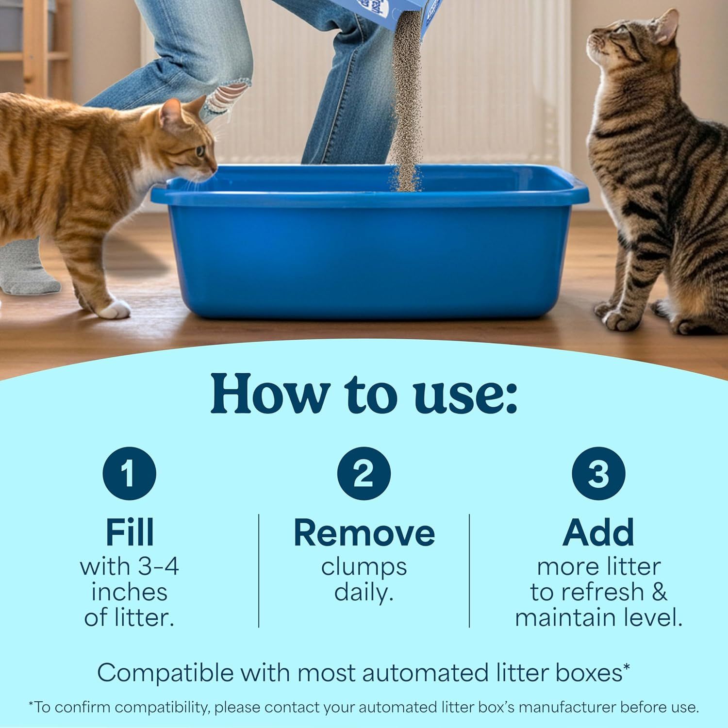 Provides clear step-by-step instructions on how to use the cat litter product, from filling to maintenance, to ensure proper usage and customer satisfaction.