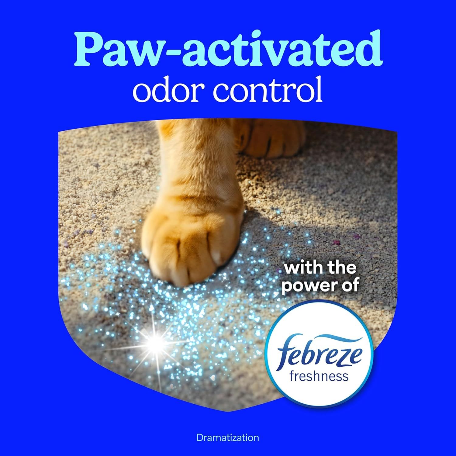 Communicates that the product activates with pet contact to release freshness and control odors, emphasizing the unique activation mechanism powered by Febreze.