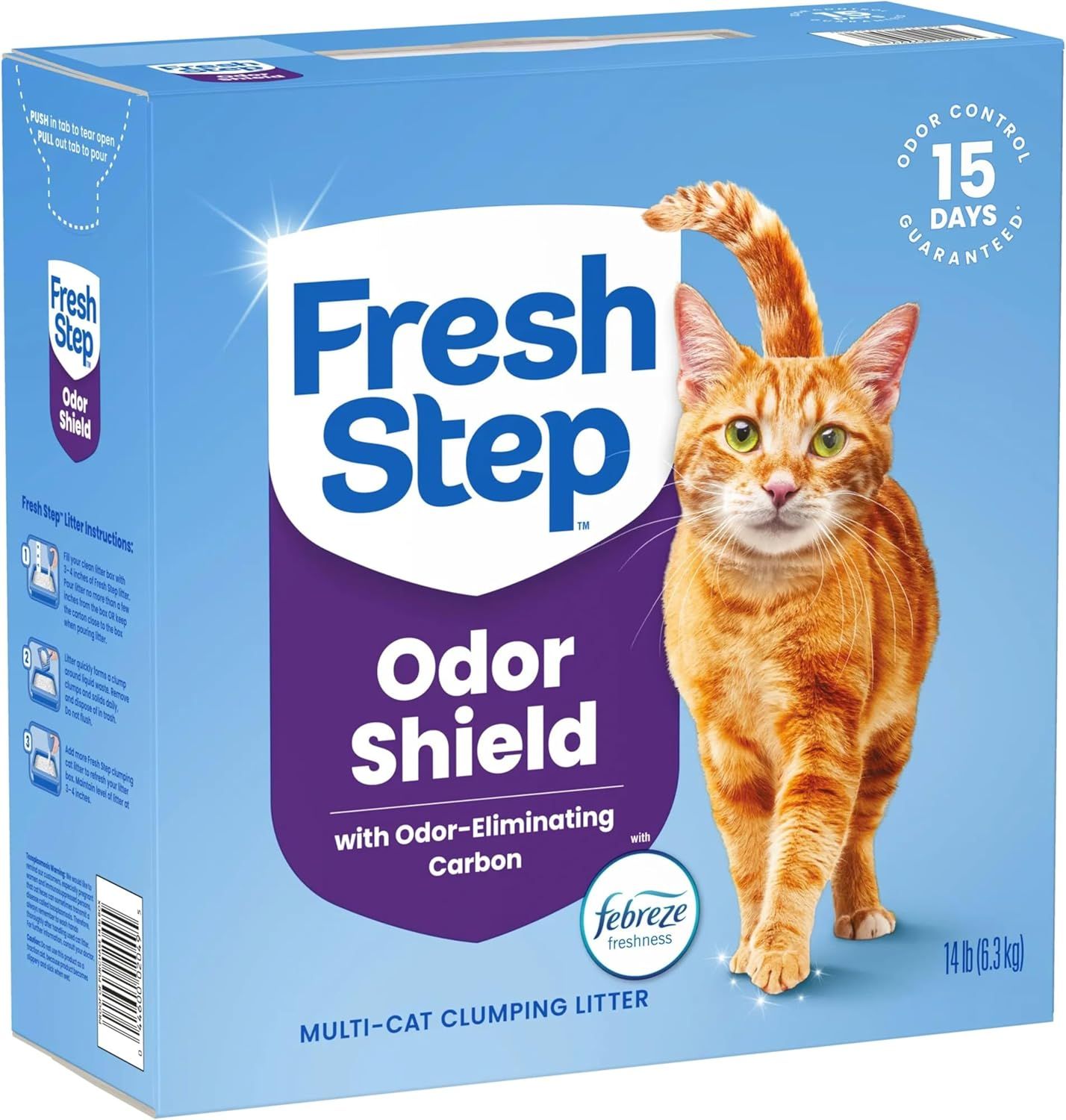 This is a clean product shot showing the Fresh Step cat litter box packaging with the brand logo, product name, and an orange tabby cat, designed to give shoppers a clear view of what they're…