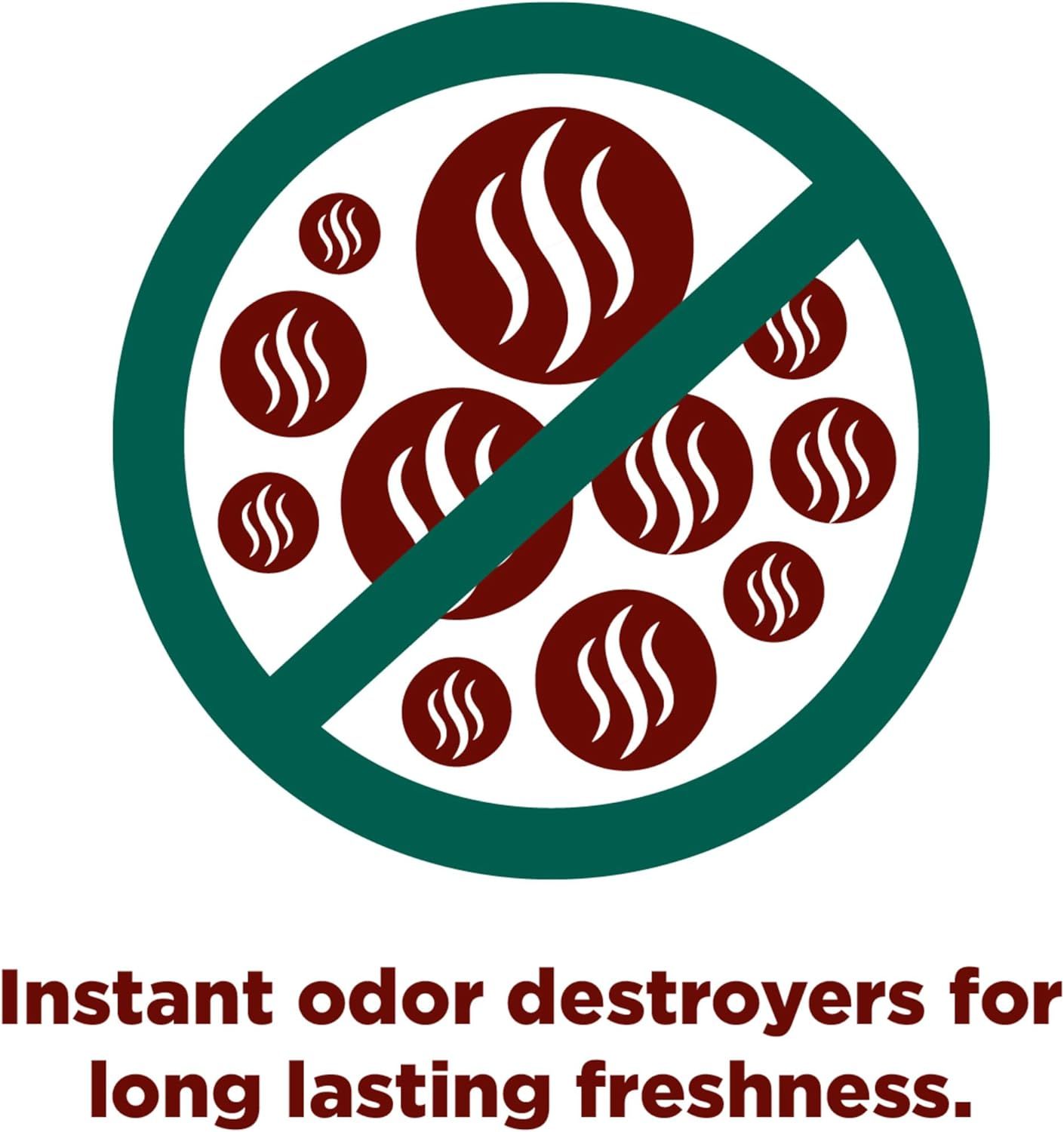 Communicates that the product instantly destroys odors to provide long-lasting freshness, reassuring shoppers of its effectiveness.