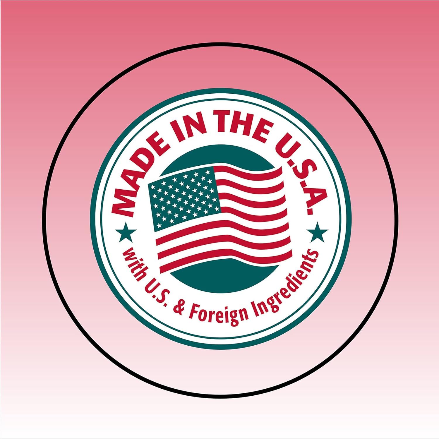 Communicates that the product is manufactured in the United States with U.S. and foreign ingredients, building trust and appealing to shoppers who value domestic production and transparency about…