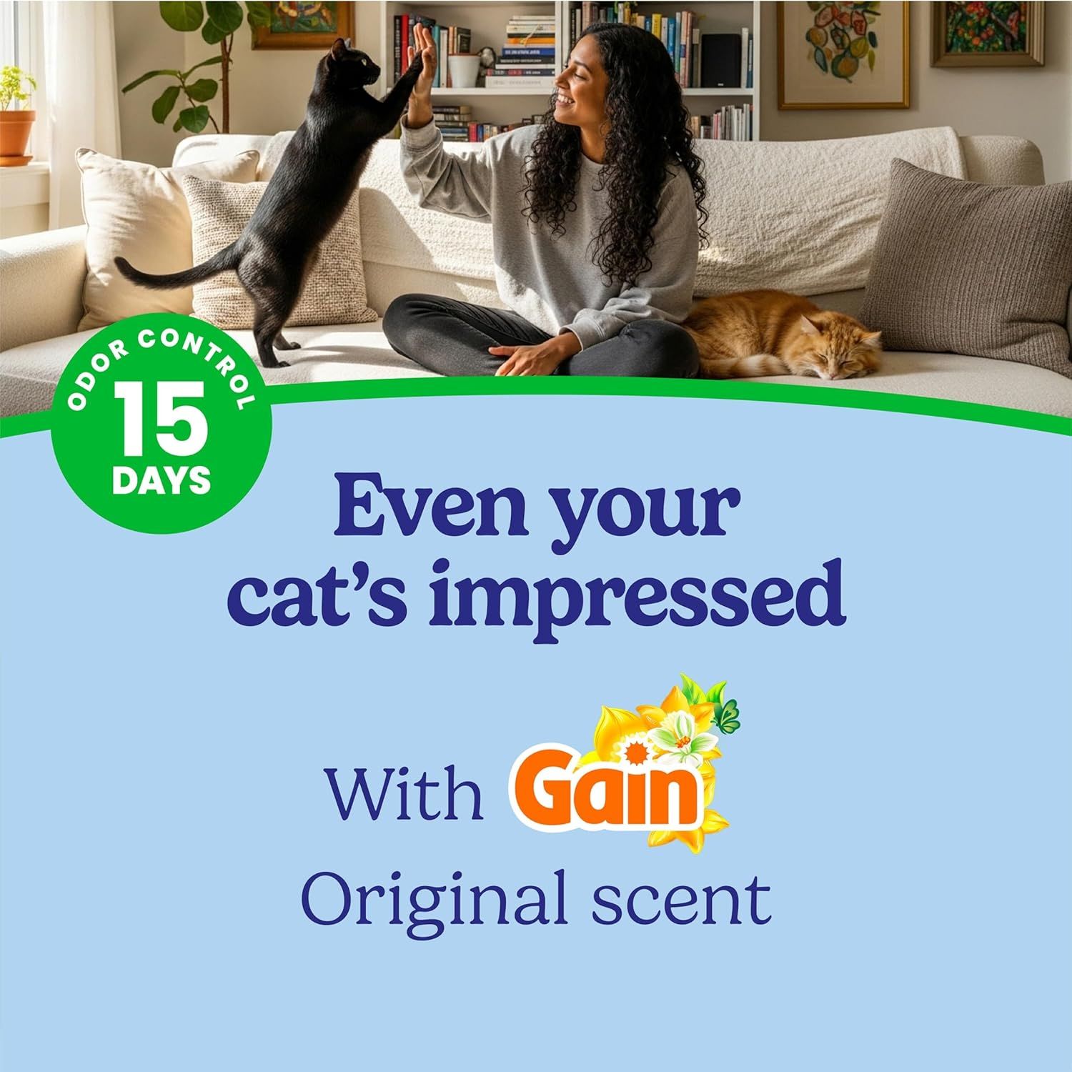 Communicates the product's quantifiable performance claim of 15 days of odor control to reassure shoppers of its long-lasting effectiveness. Highlights the primary benefit of extended odor control…