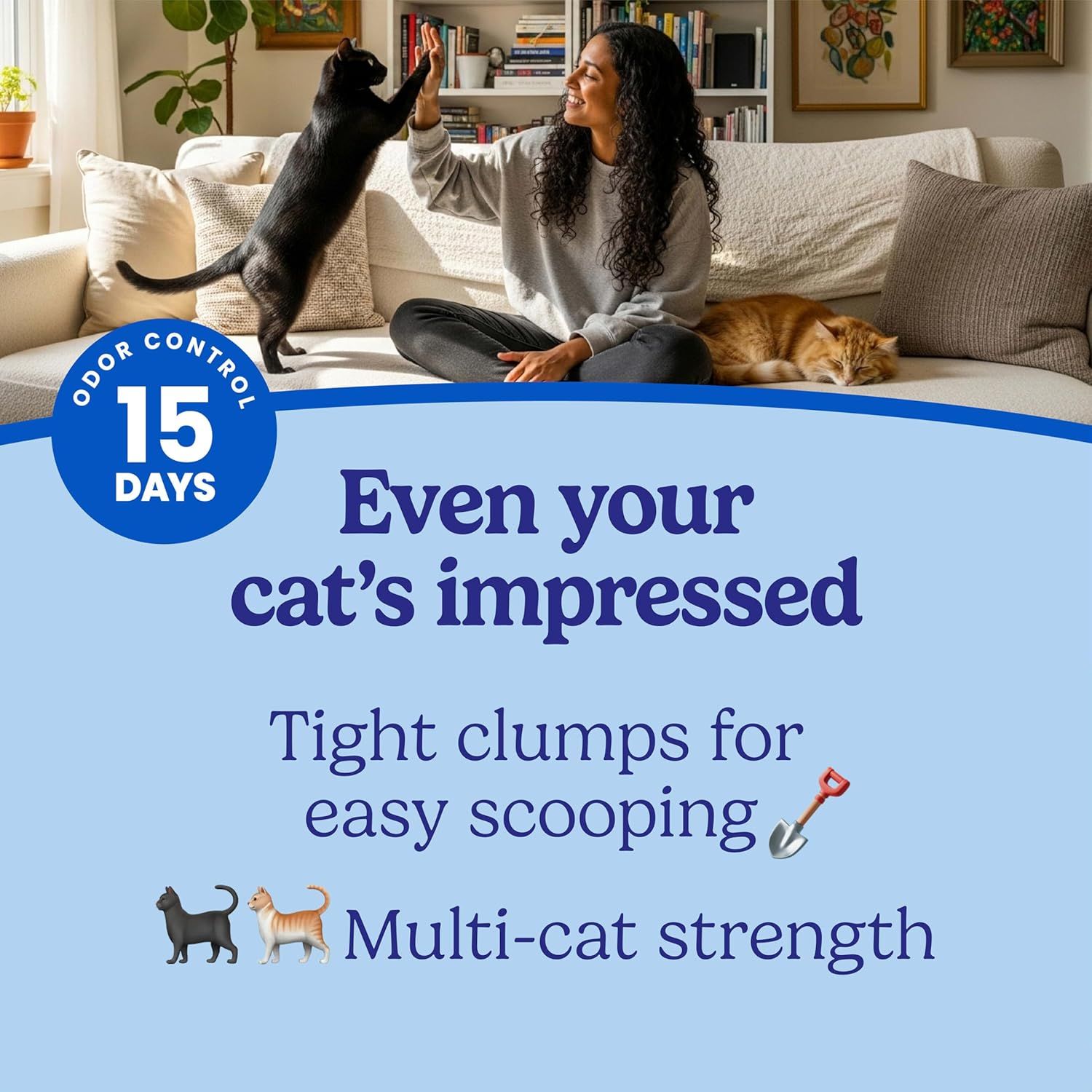 Communicates three distinct product benefits in a segmented layout: 15-day odor control, tight clumping for easy scooping, and multi-cat strength to reassure shoppers the litter is effective and…