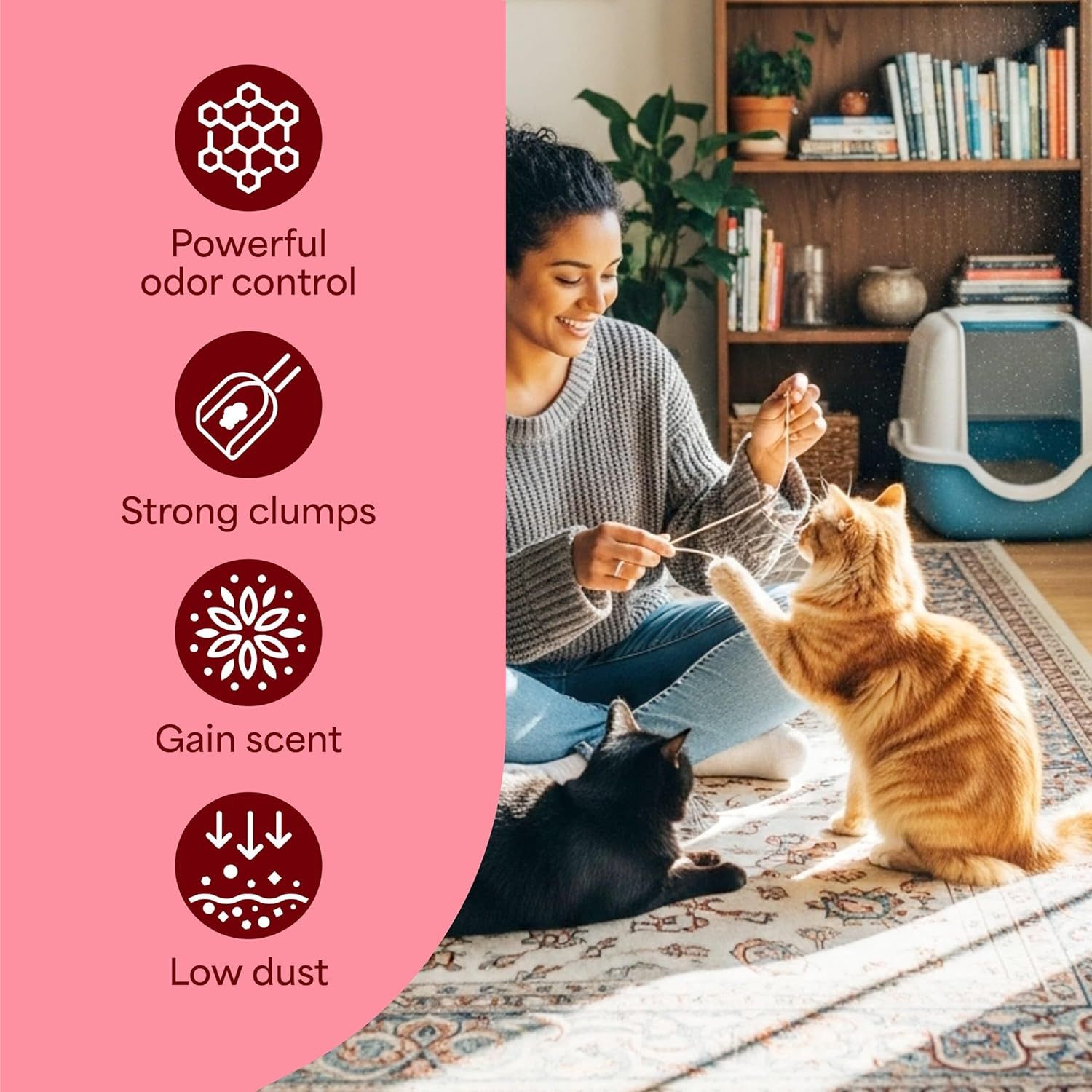 Communicates four distinct product benefits in a segmented layout to show shoppers why this cat litter is superior across multiple performance dimensions.