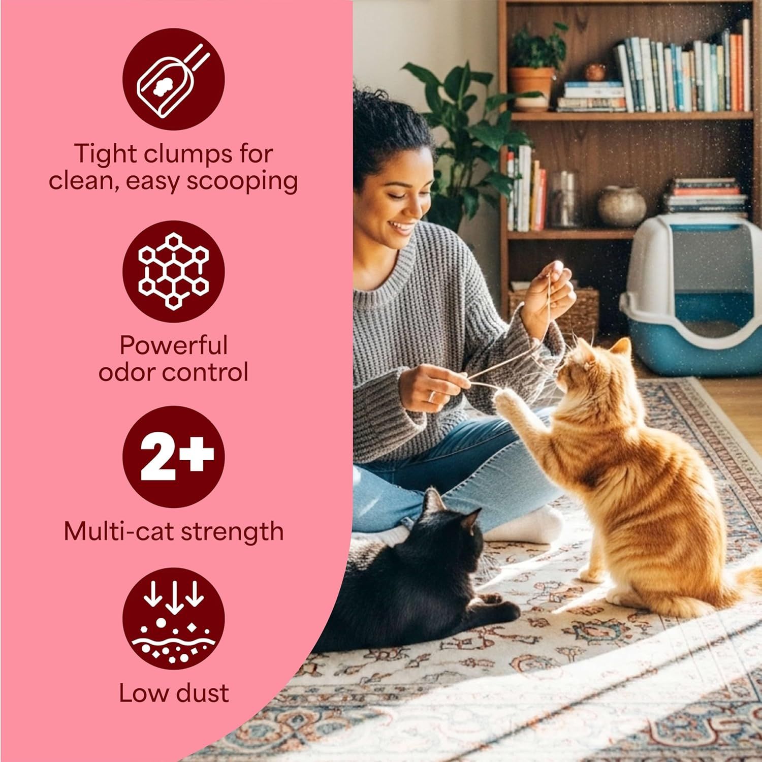 Communicates four distinct product benefits in a segmented layout with icons, reassuring shoppers that this cat litter offers comprehensive performance across clumping, odor control, multi-cat use,…