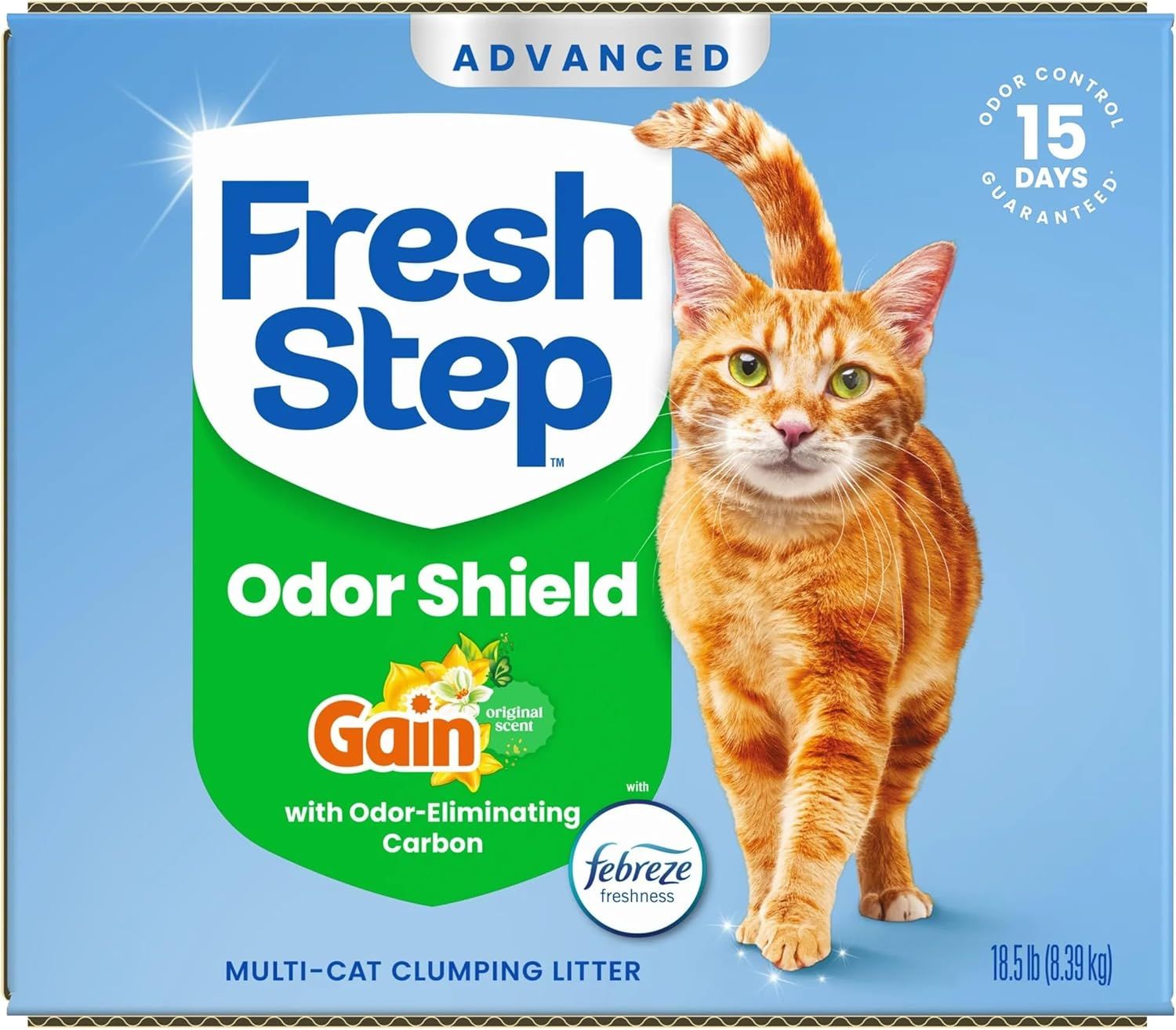Communicates multiple distinct benefits of the cat litter including advanced odor control technology, long-lasting freshness guarantee, and branded scent partnerships to reassure shoppers of…