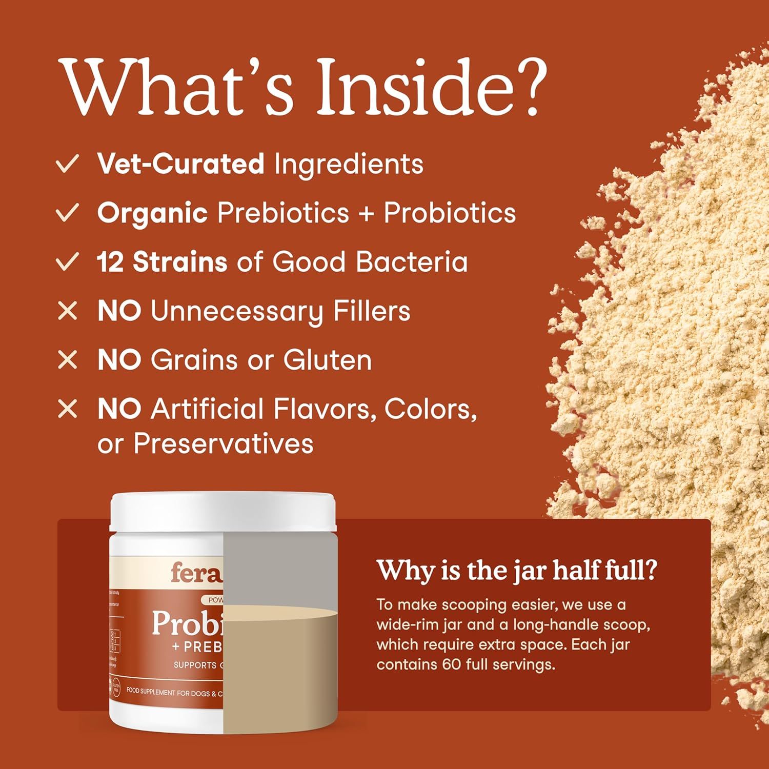 Communicates multiple product benefits and ingredient highlights in a segmented checklist format to reassure pet owners about the quality, safety, and health benefits of the supplement.