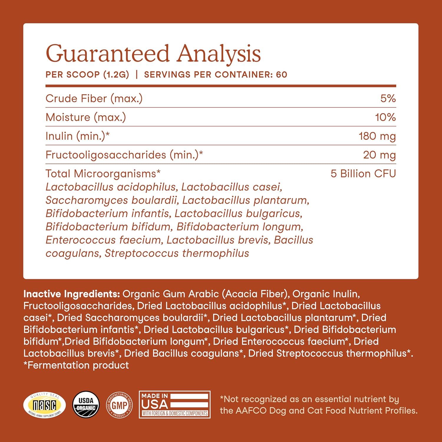 This image provides detailed nutritional and ingredient information to reassure shoppers about the product's quality, probiotic content, and transparency, helping them make an informed purchase…