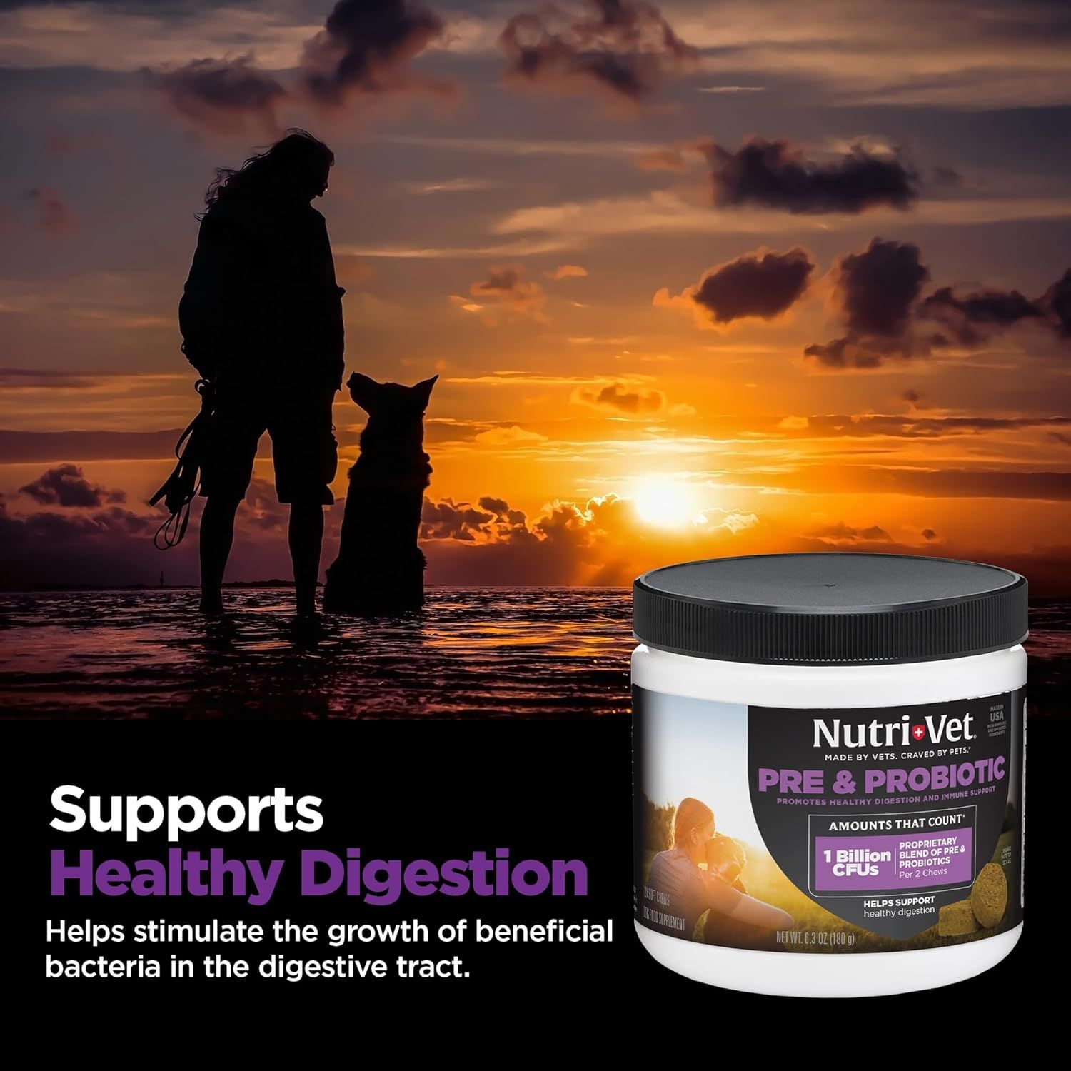 Communicates that the product supports healthy digestion in dogs by promoting beneficial bacteria growth, using an emotional lifestyle backdrop to connect with pet owners.