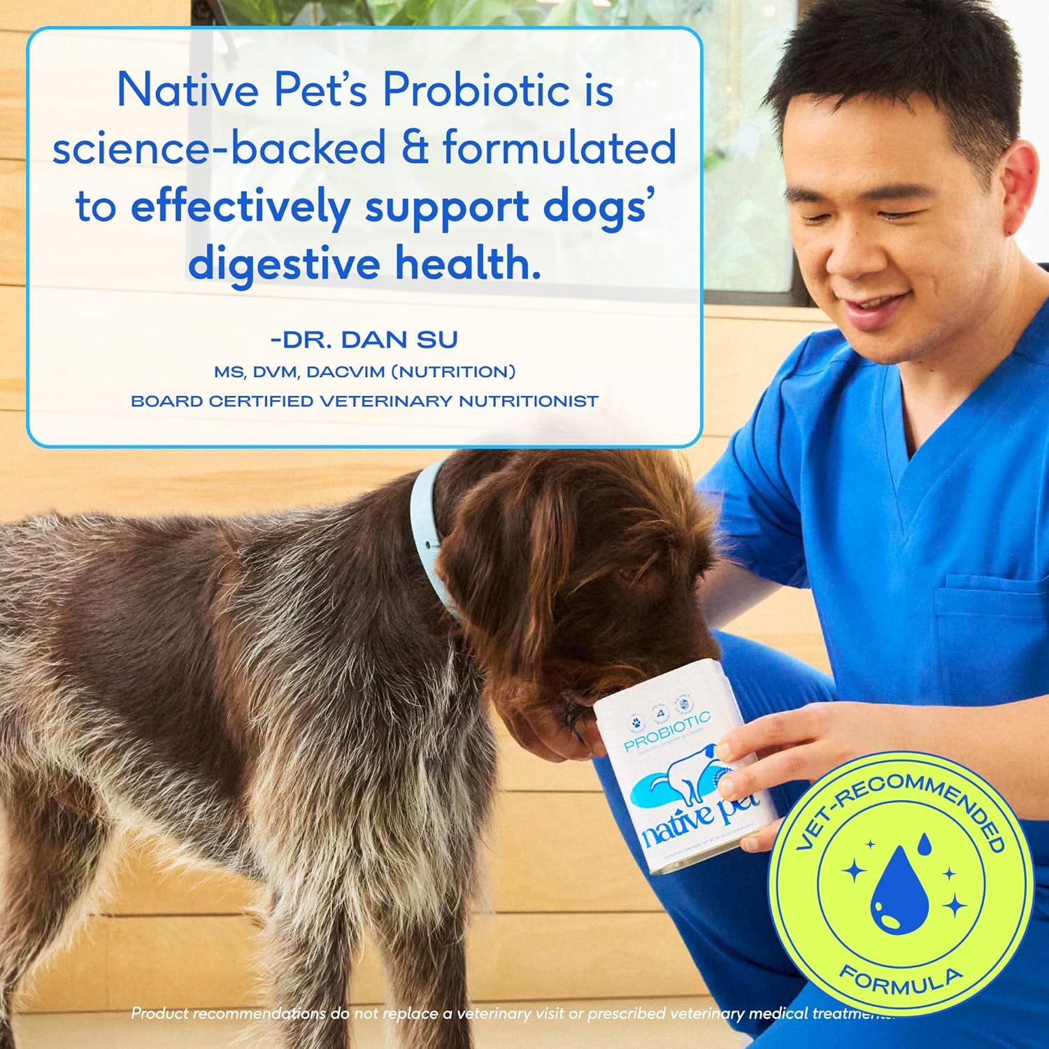 Builds trust and credibility by featuring a board-certified veterinary nutritionist's endorsement of the probiotic product, reassuring shoppers that the product is professionally recommended and…