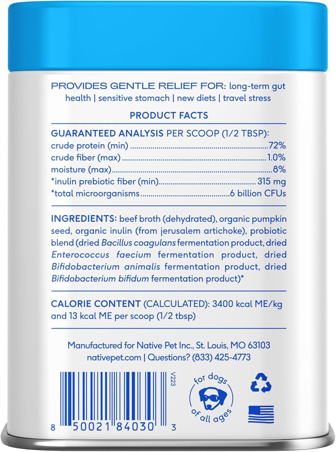 Communicates multiple product benefits and detailed nutritional information to reassure shoppers about the product's effectiveness for digestive health across various conditions.